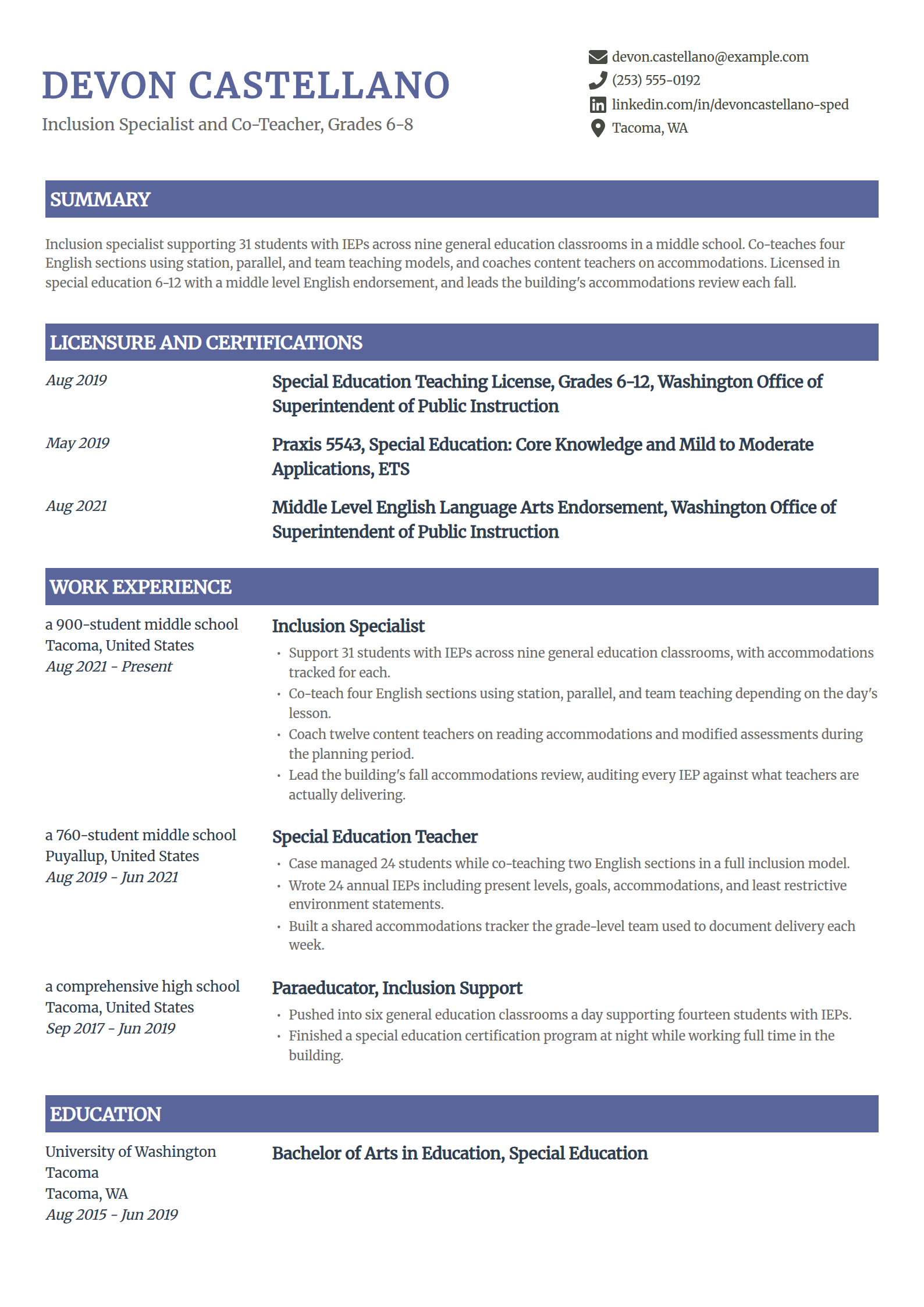 Inclusion and co-teaching specialist resume example in the Catalyst template