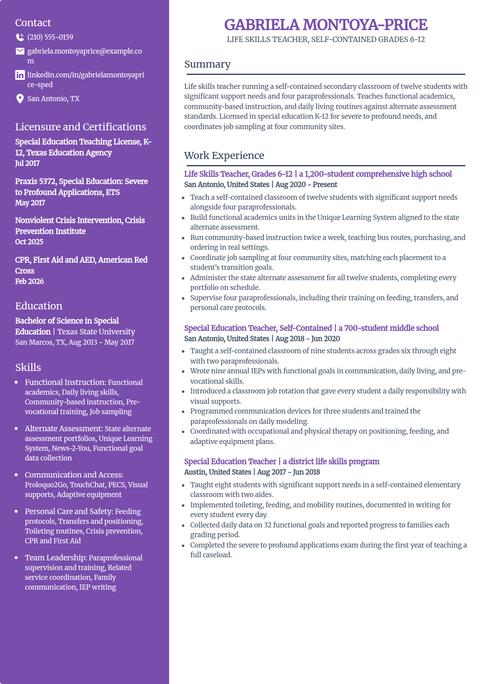 Self-contained life skills teacher resume example in the Pioneer template