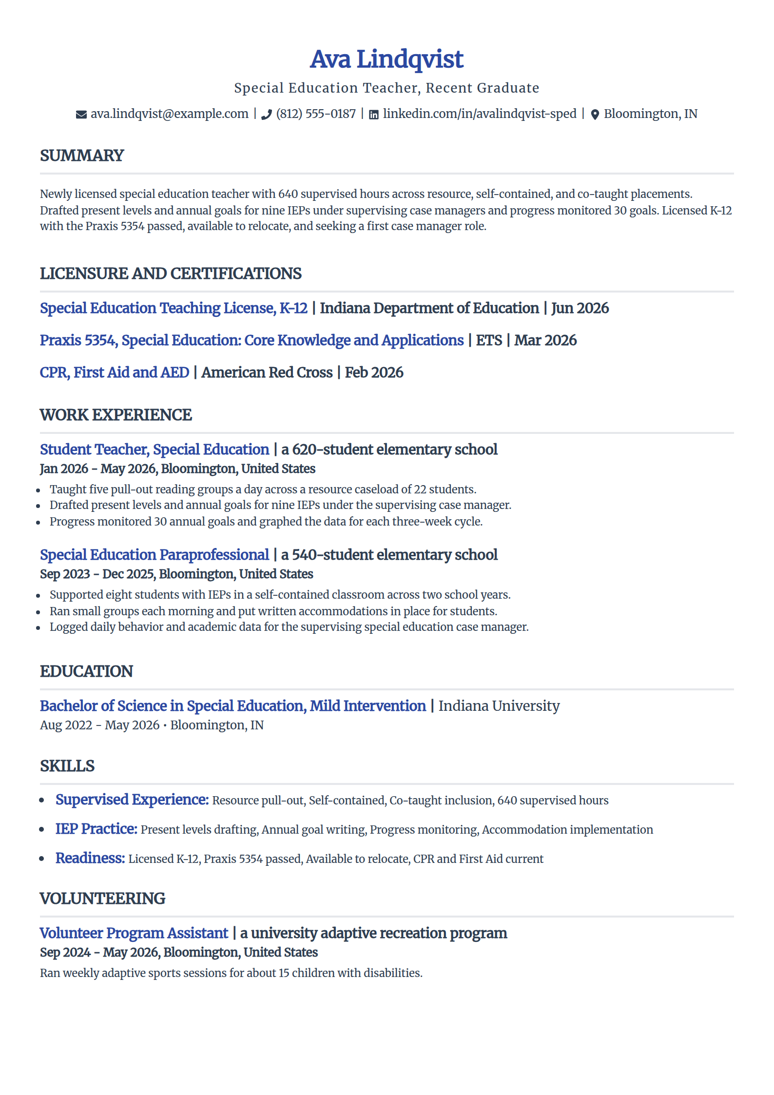 New graduate special education teacher resume example in the Simple template