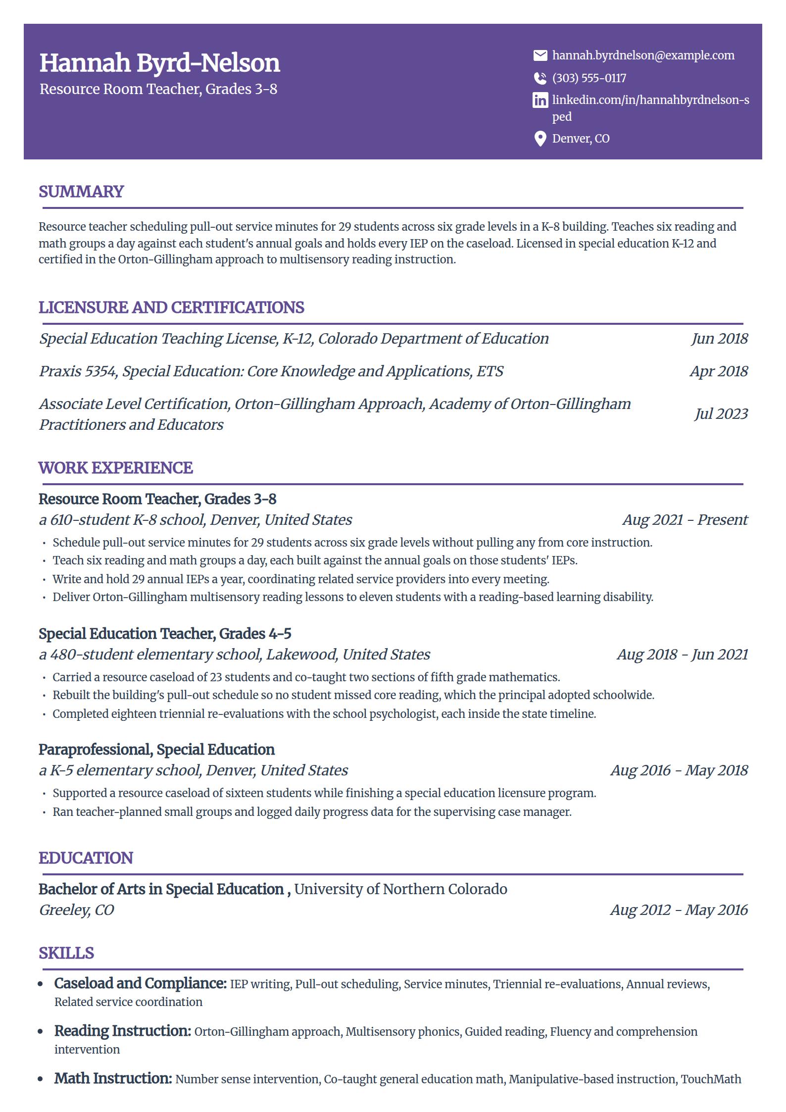 Resource room teacher resume example in the Panorama template