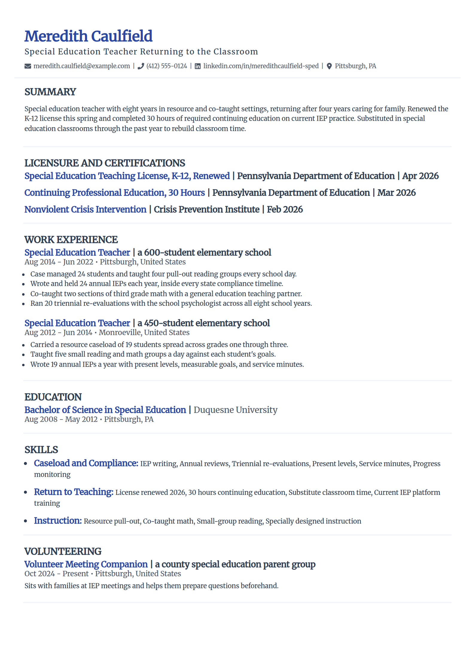 Special education teacher returning after a career gap resume example in the Elegant template