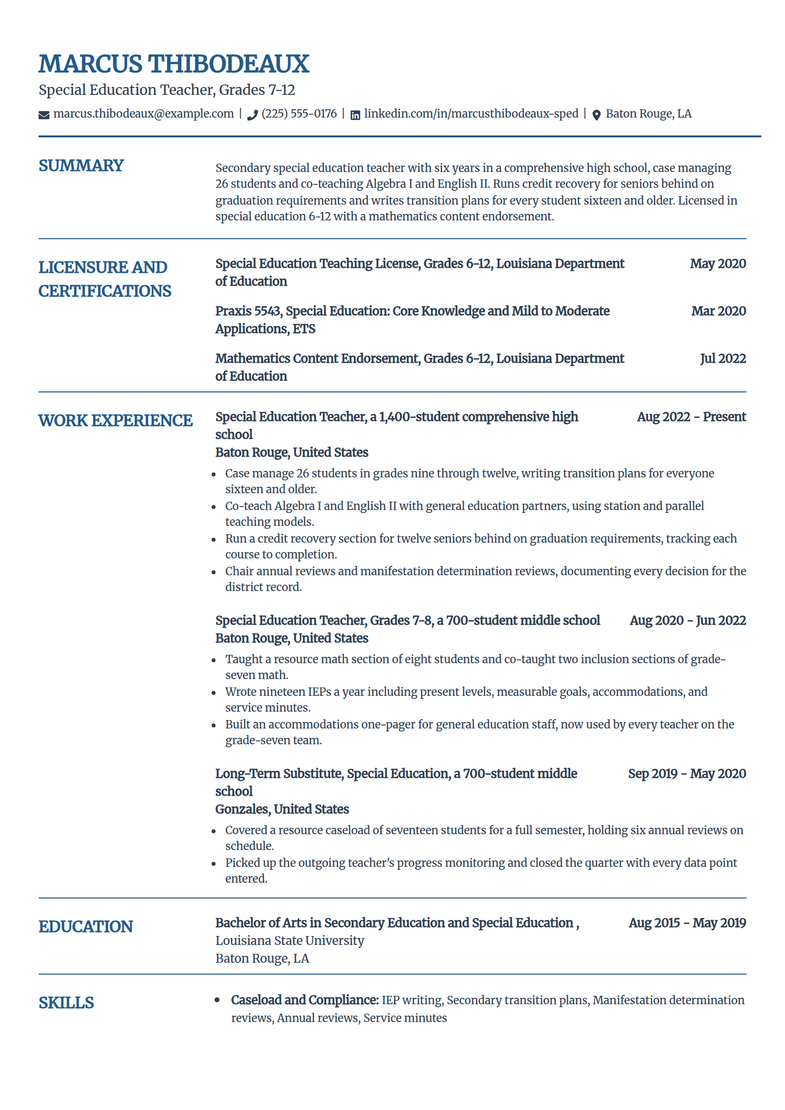 Middle and high school special education teacher resume example in the Craft template