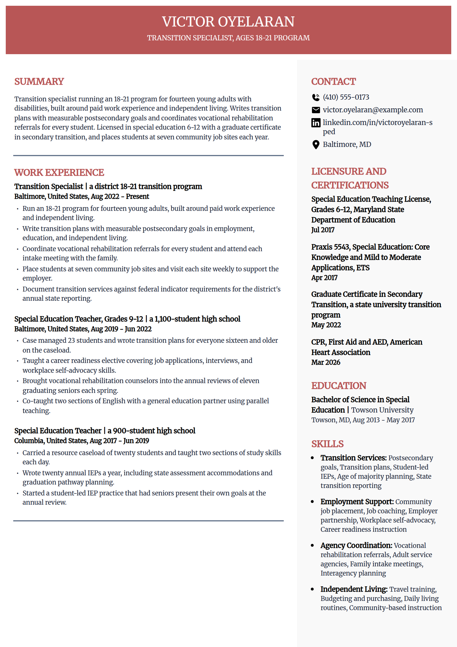 Transition specialist resume example in the Executive template