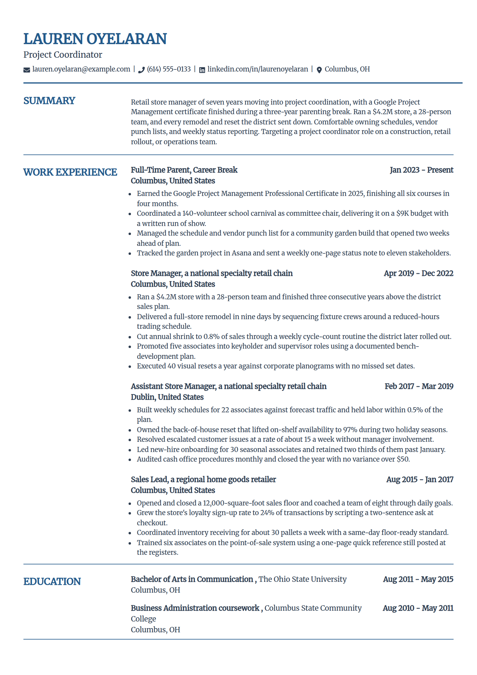 Stay-at-home mom changing careers resume example in the Craft template