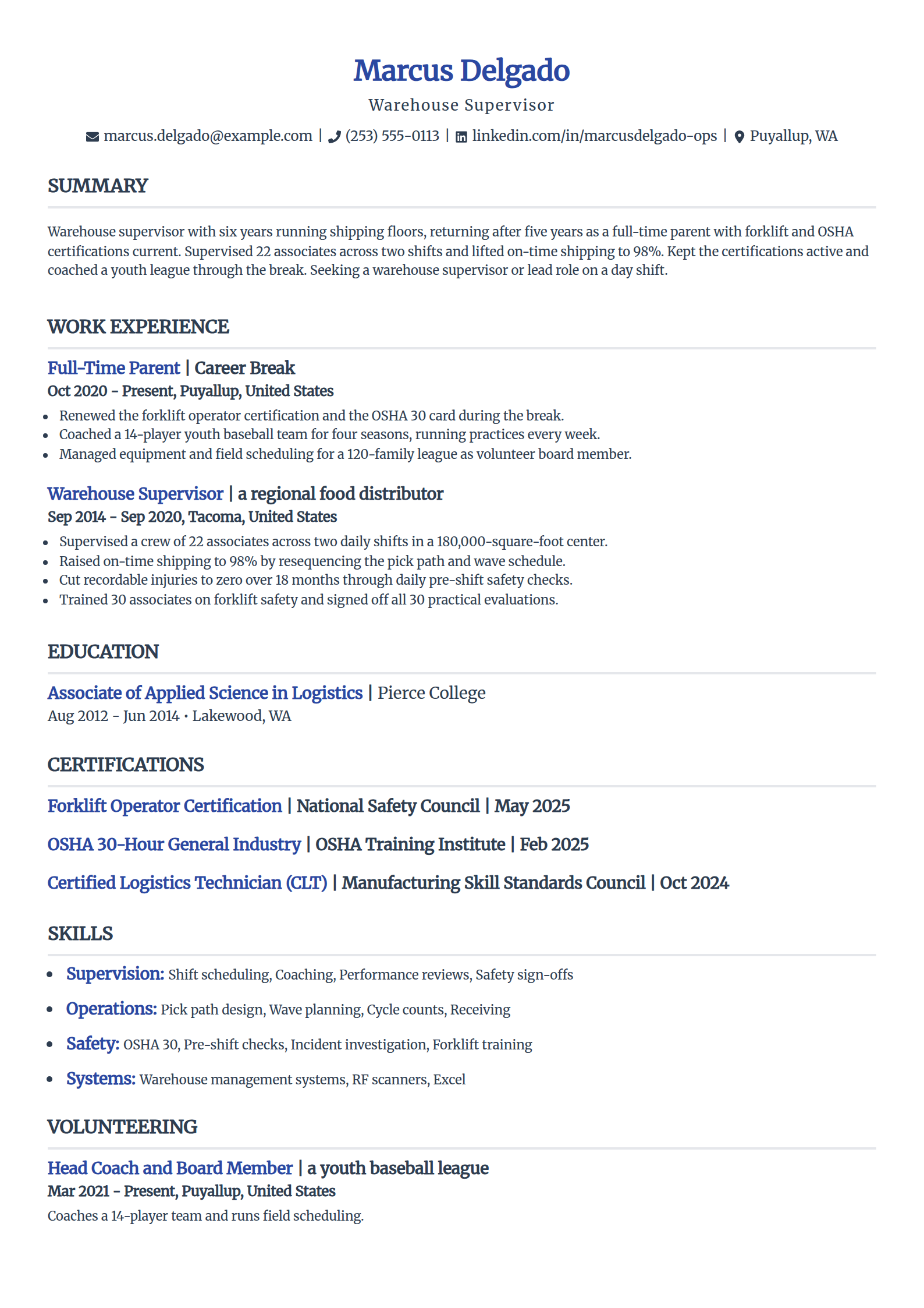 Stay-at-home dad returning to work resume example in the Simple template