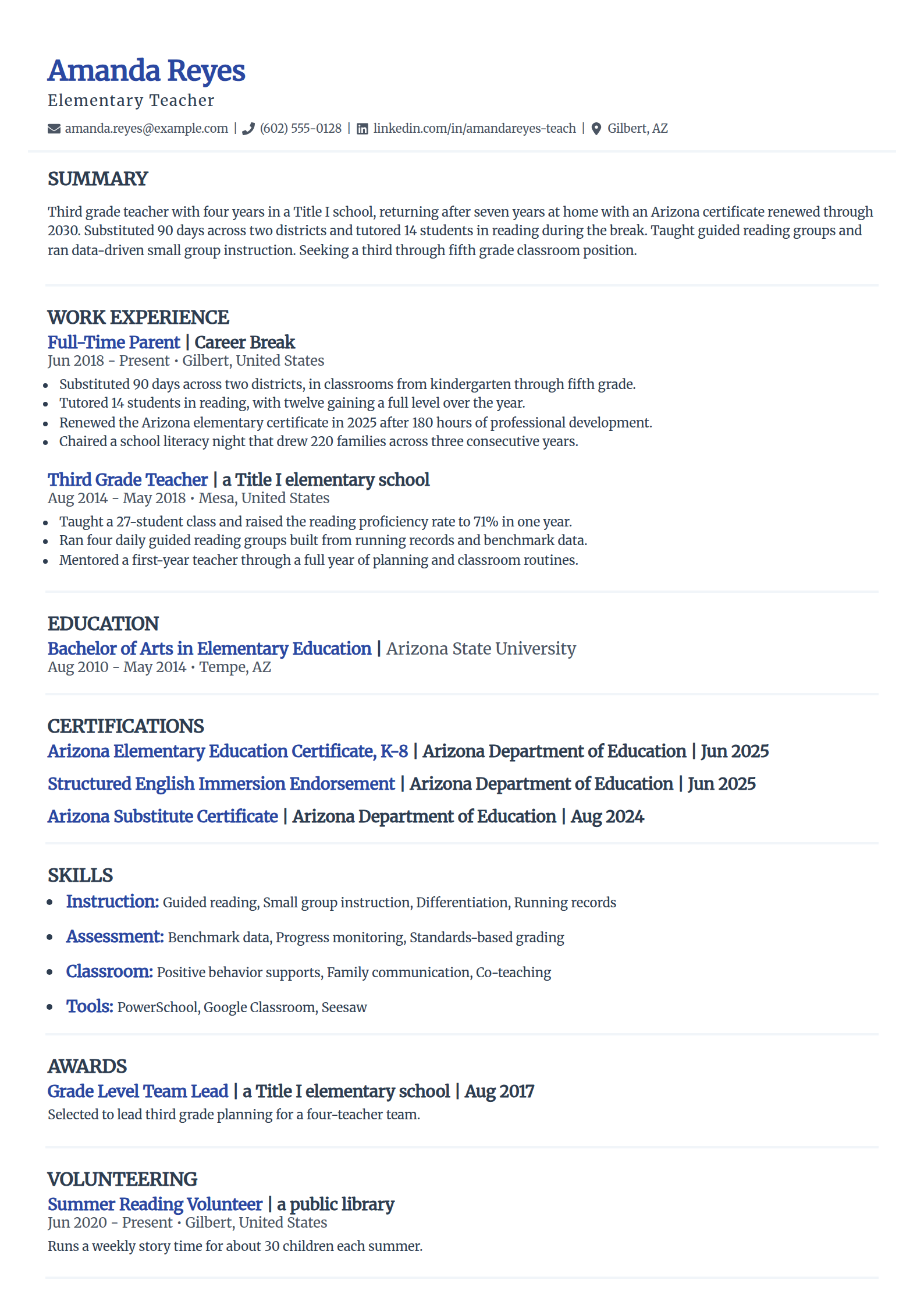 Stay-at-home mom returning to teaching resume example in the Elegant template