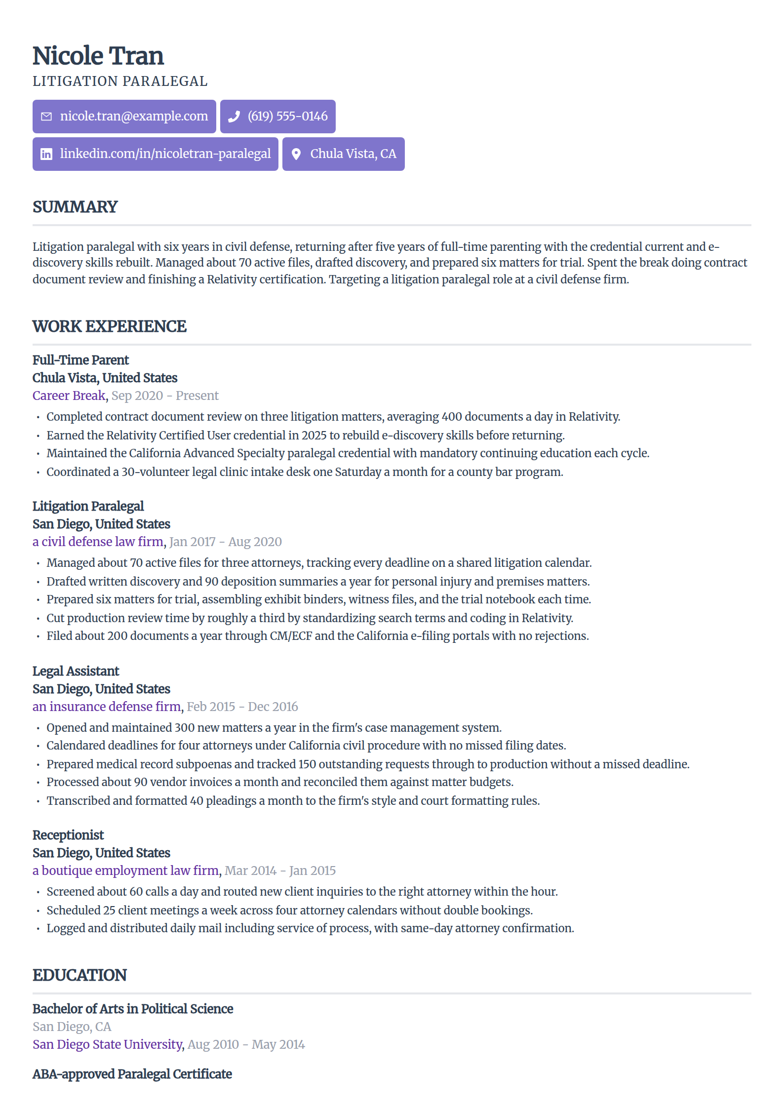 Stay-at-home mom returning after five years resume example in the Sleek Framework template
