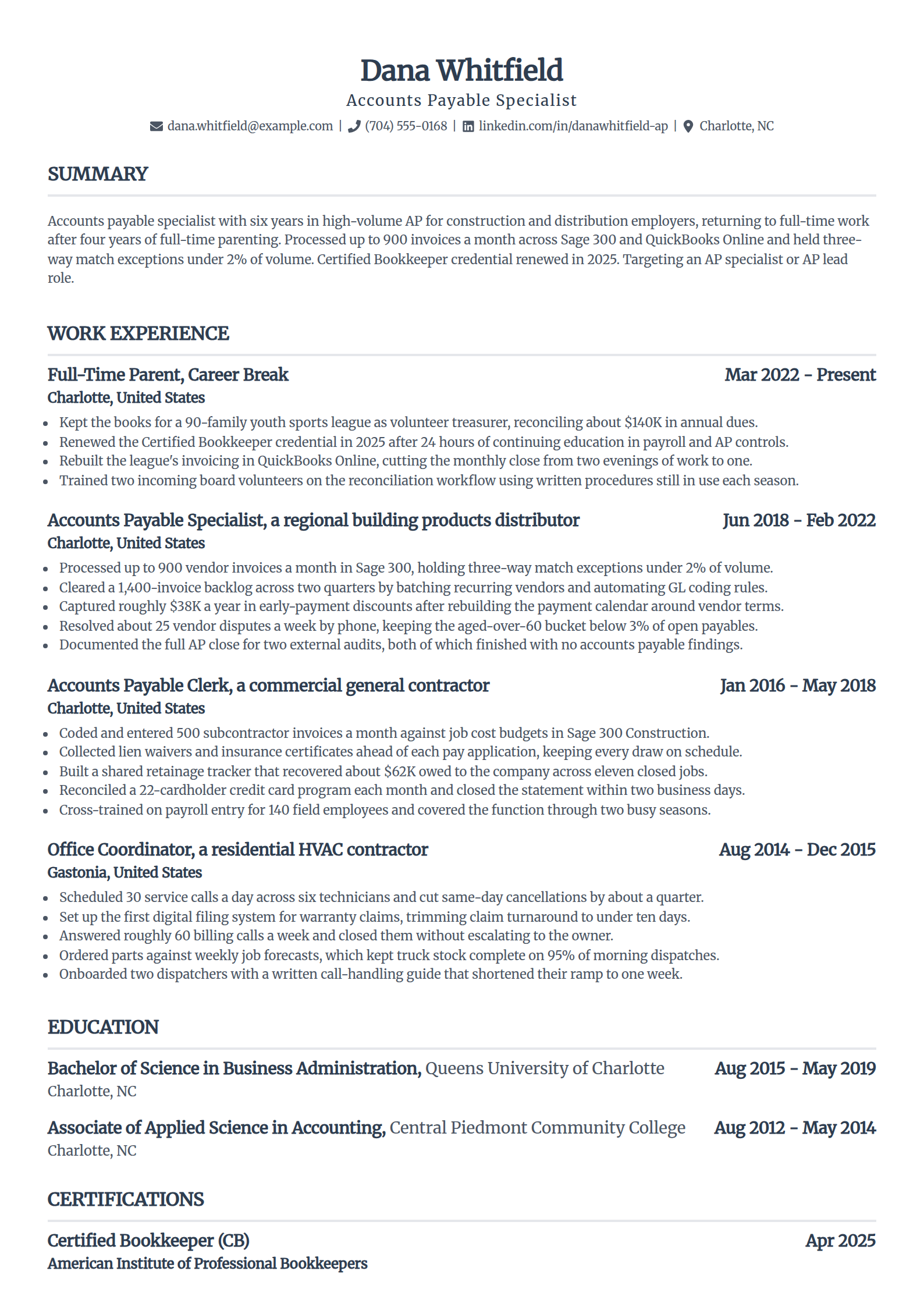 Stay-at-home mom returning to a former career resume example in the Standard template
