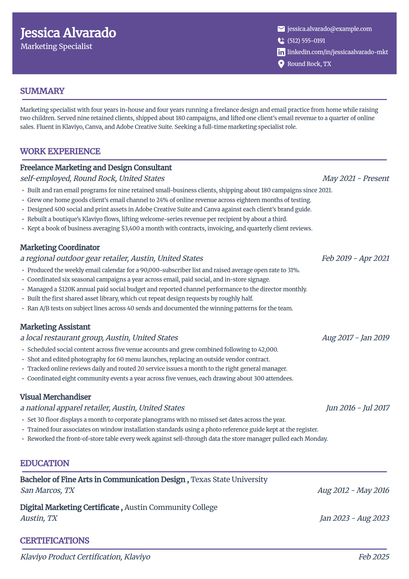 Stay-at-home mom with freelance experience resume example in the Panorama template