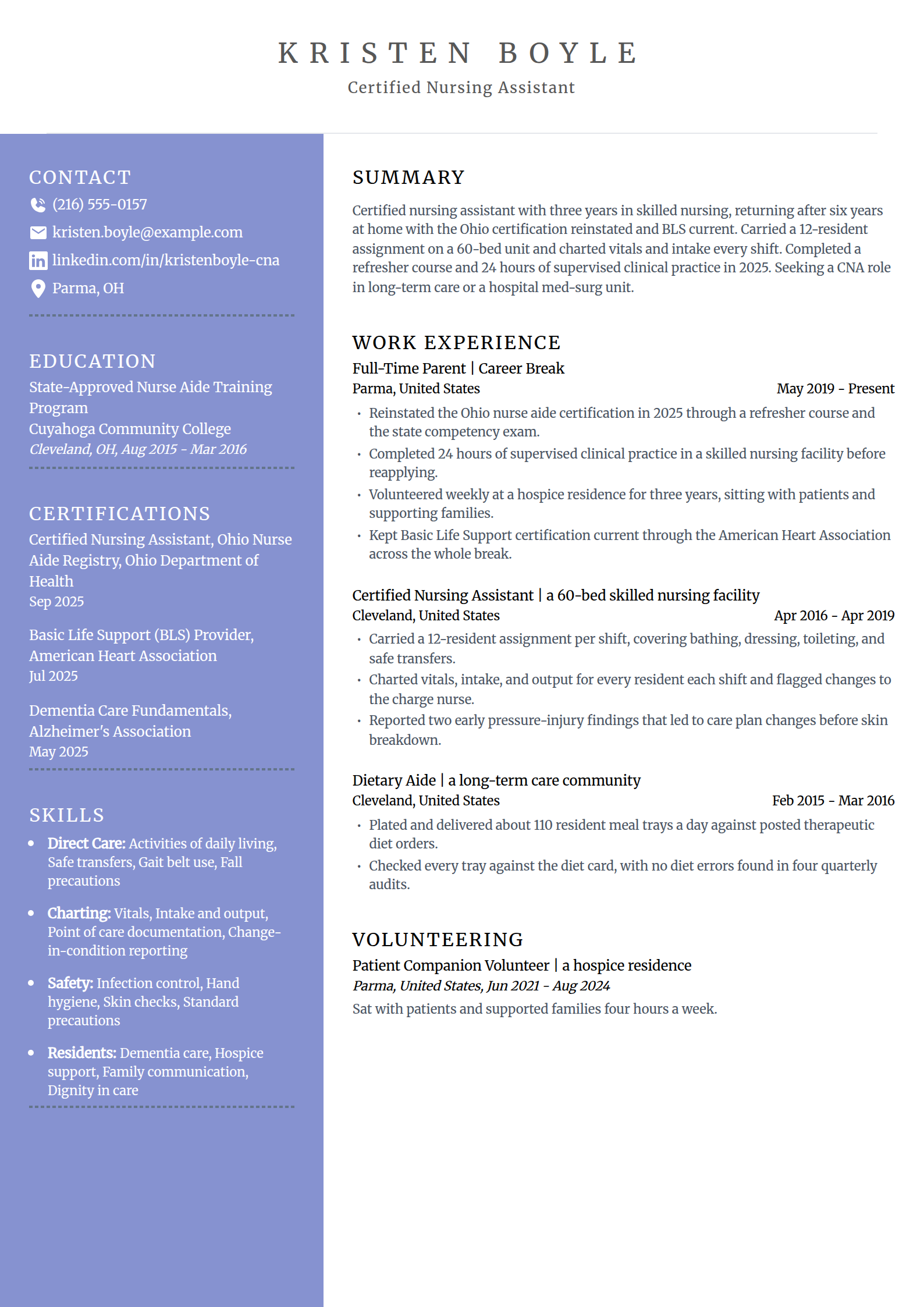 Stay-at-home mom returning to healthcare resume example in the Luminary template