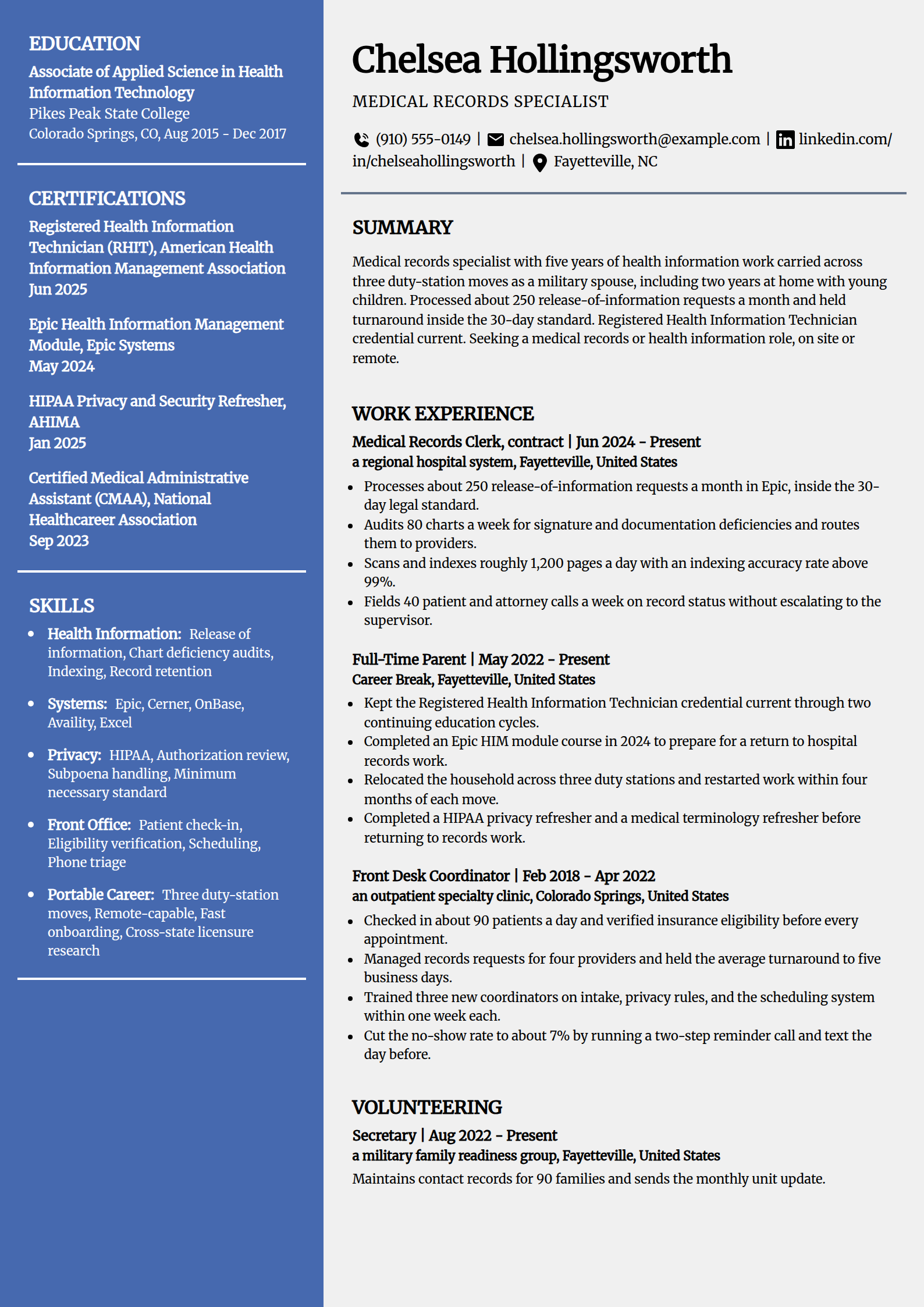 Military spouse stay-at-home parent resume example in the Innovative template