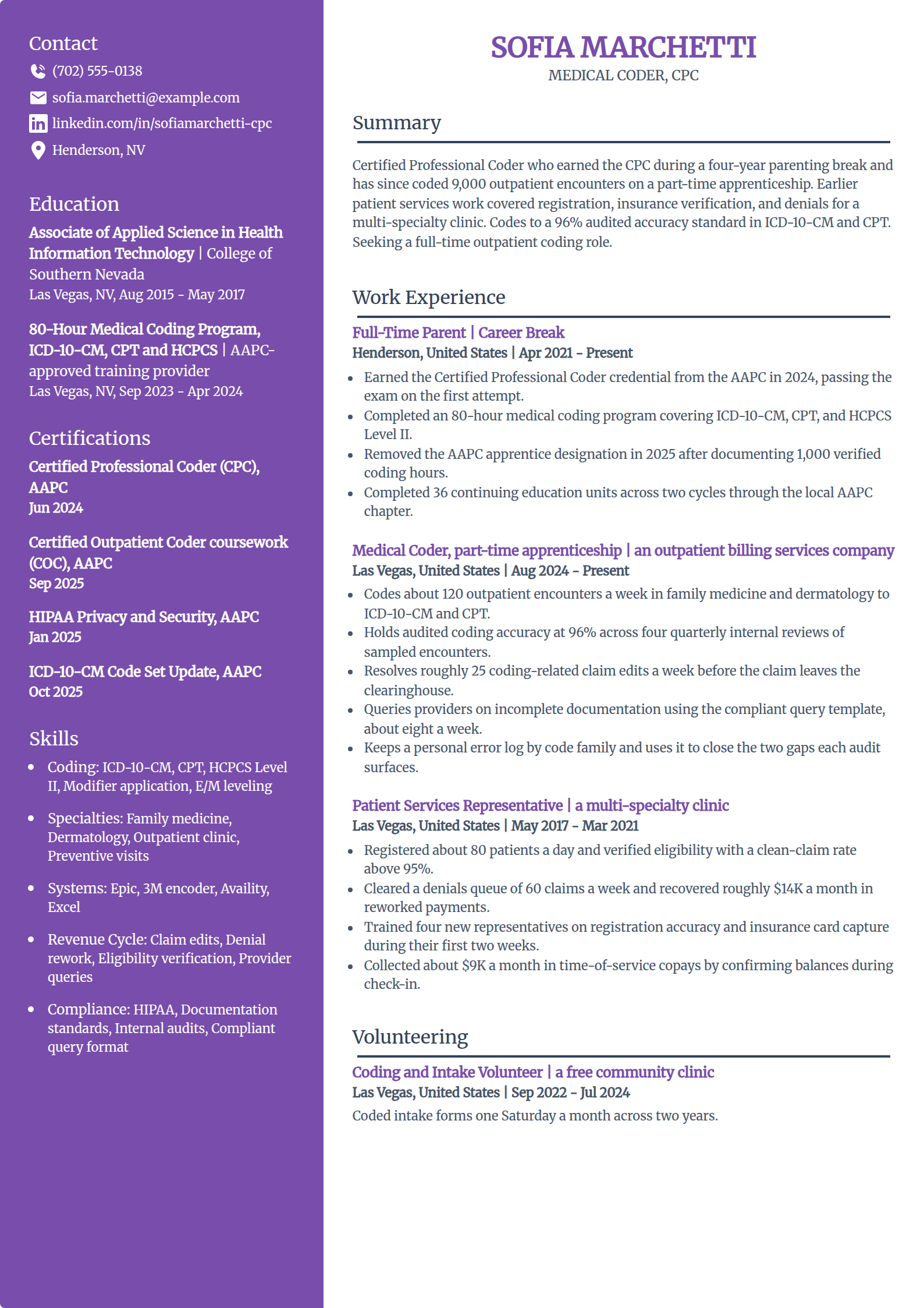 Stay-at-home mom with a new certification resume example in the Pioneer template