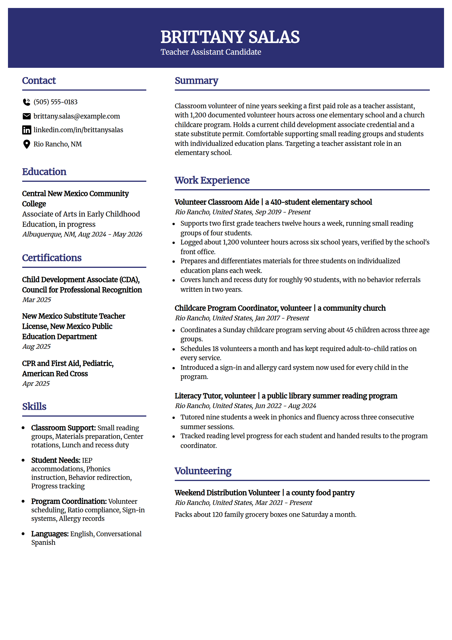 Stay-at-home mom with no formal work history resume example in the Visionary template