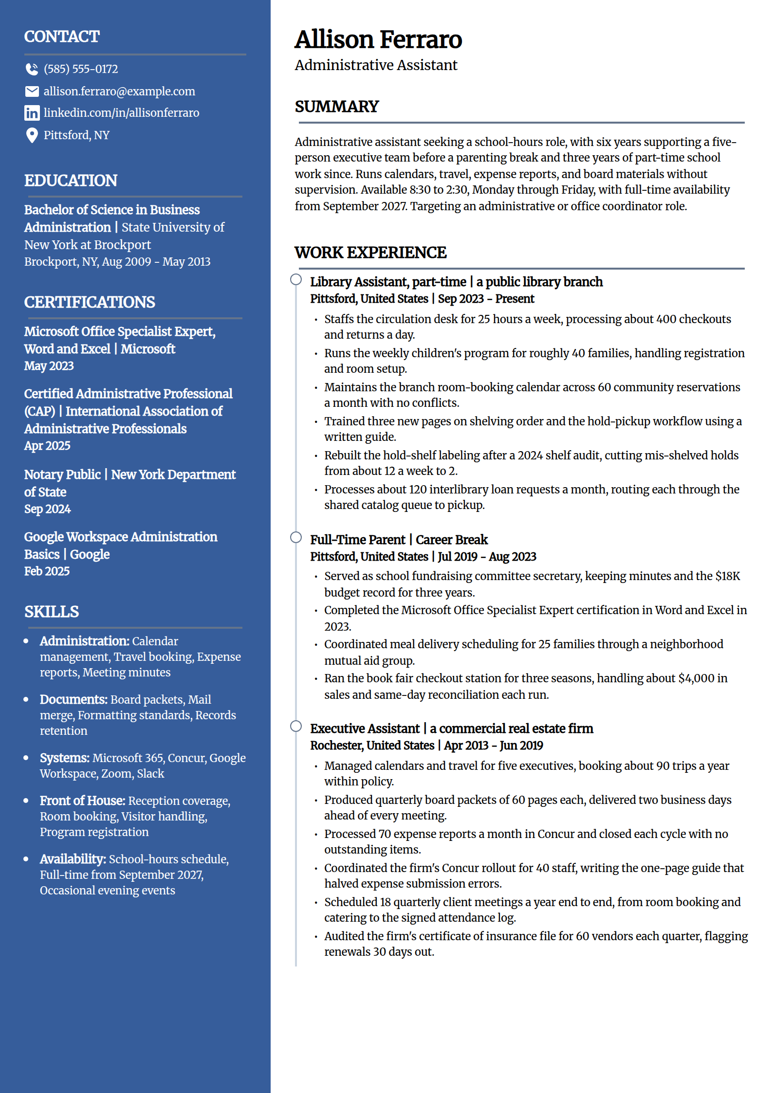 Stay-at-home mom seeking part-time work resume example in the Creative template