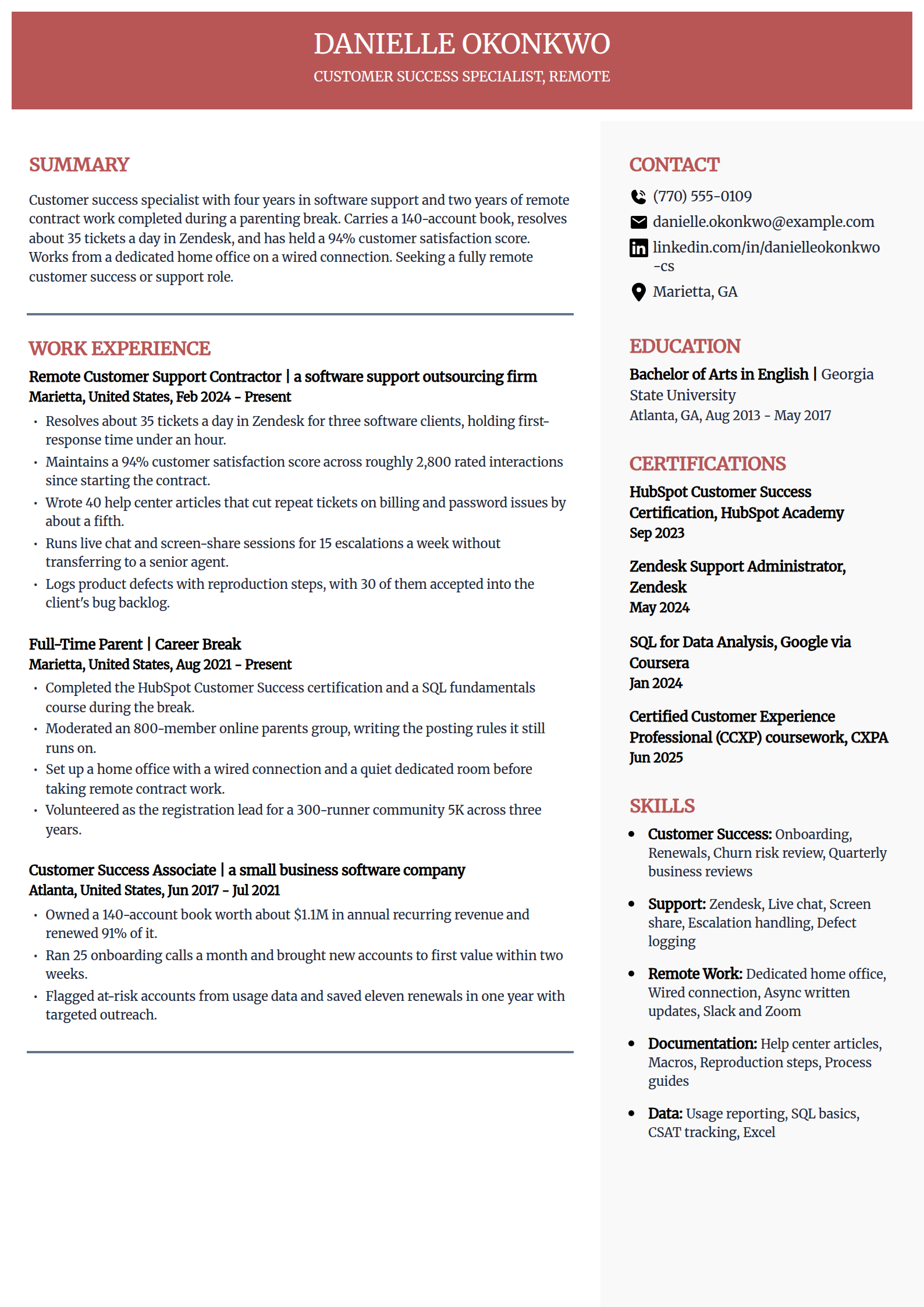 Stay-at-home mom seeking remote work resume example in the Executive template