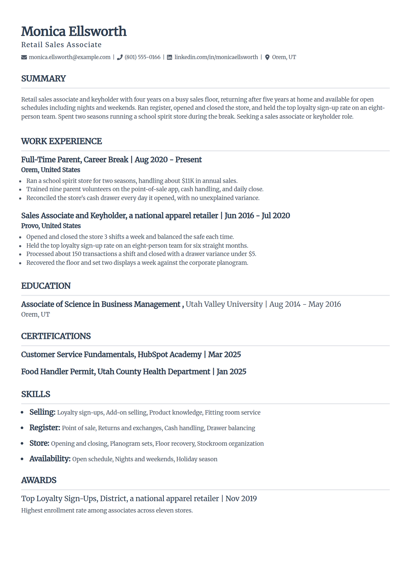 Stay-at-home mom returning to retail resume example in the Classic template