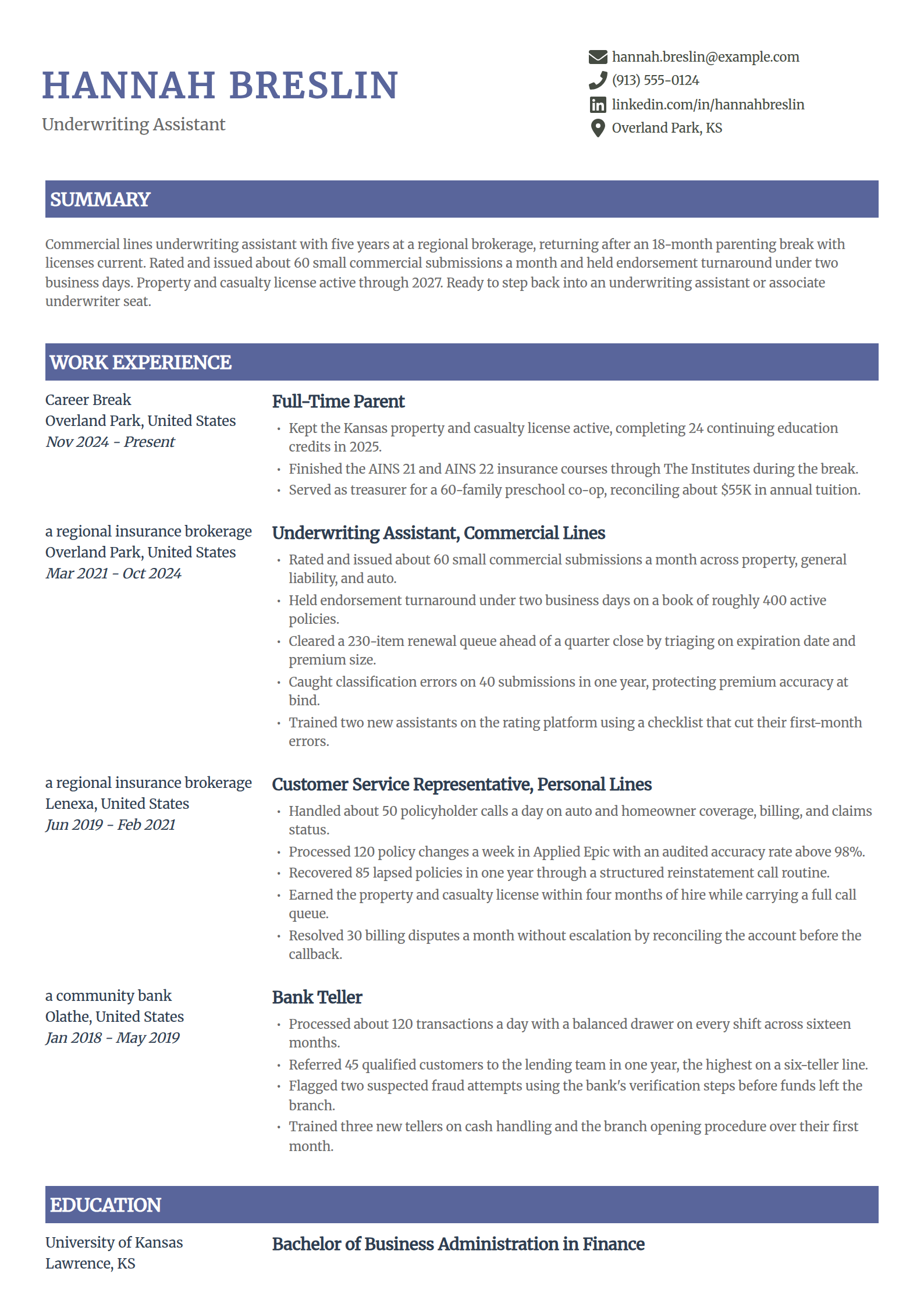 Stay-at-home mom returning after a short break resume example in the Catalyst template