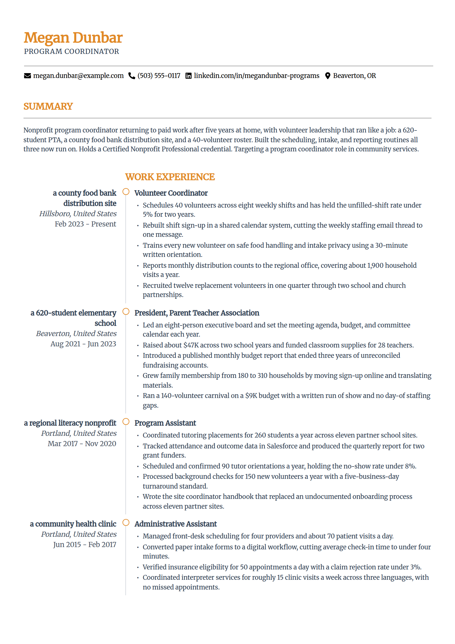 Stay-at-home mom with volunteer experience resume example in the Zenith template