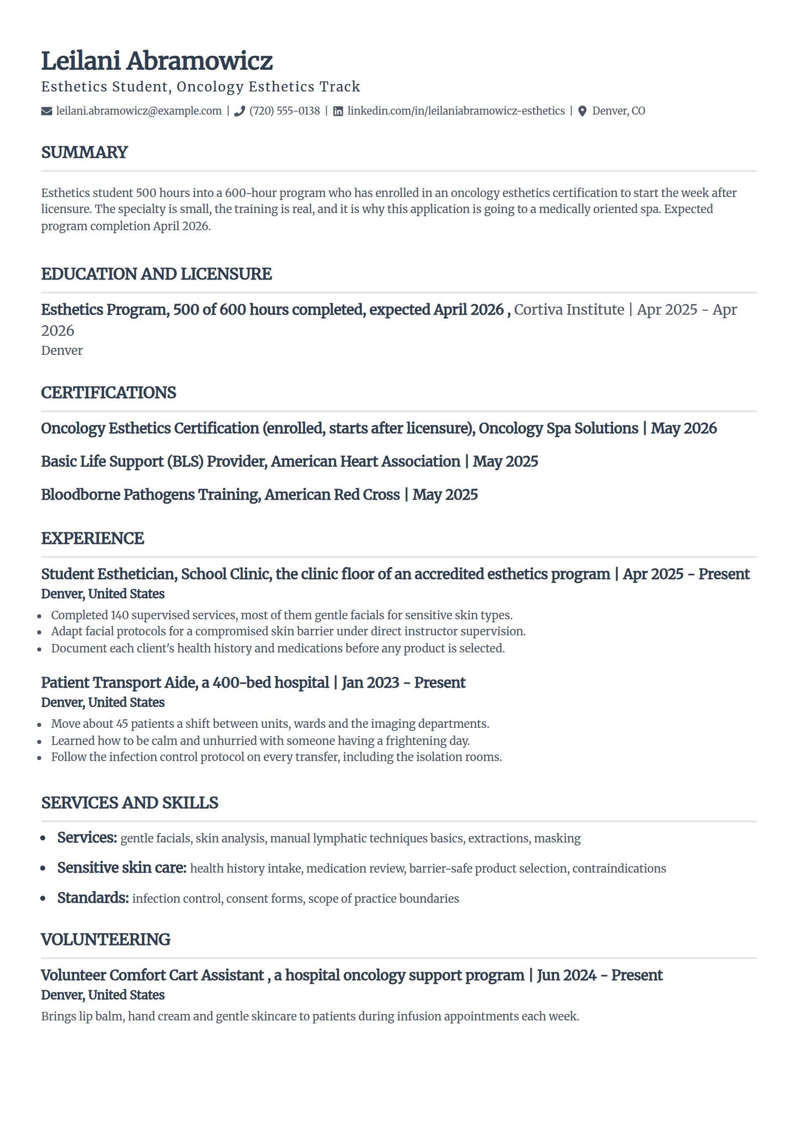 Esthetics student pursuing an oncology esthetics certification resume example in the Classic template