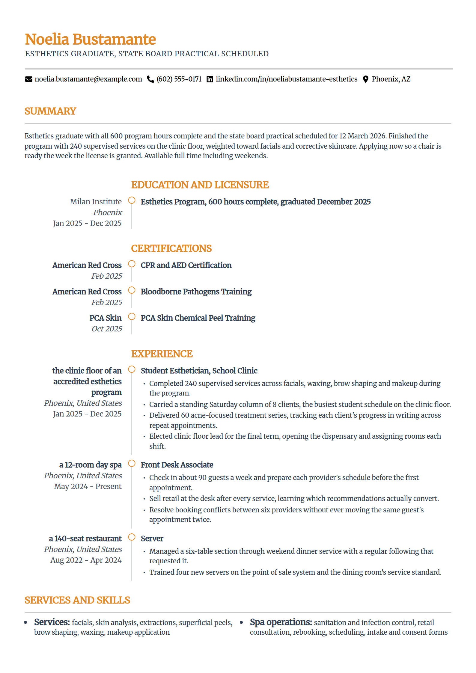 Esthetics graduate waiting on the state board result resume example in the Zenith template
