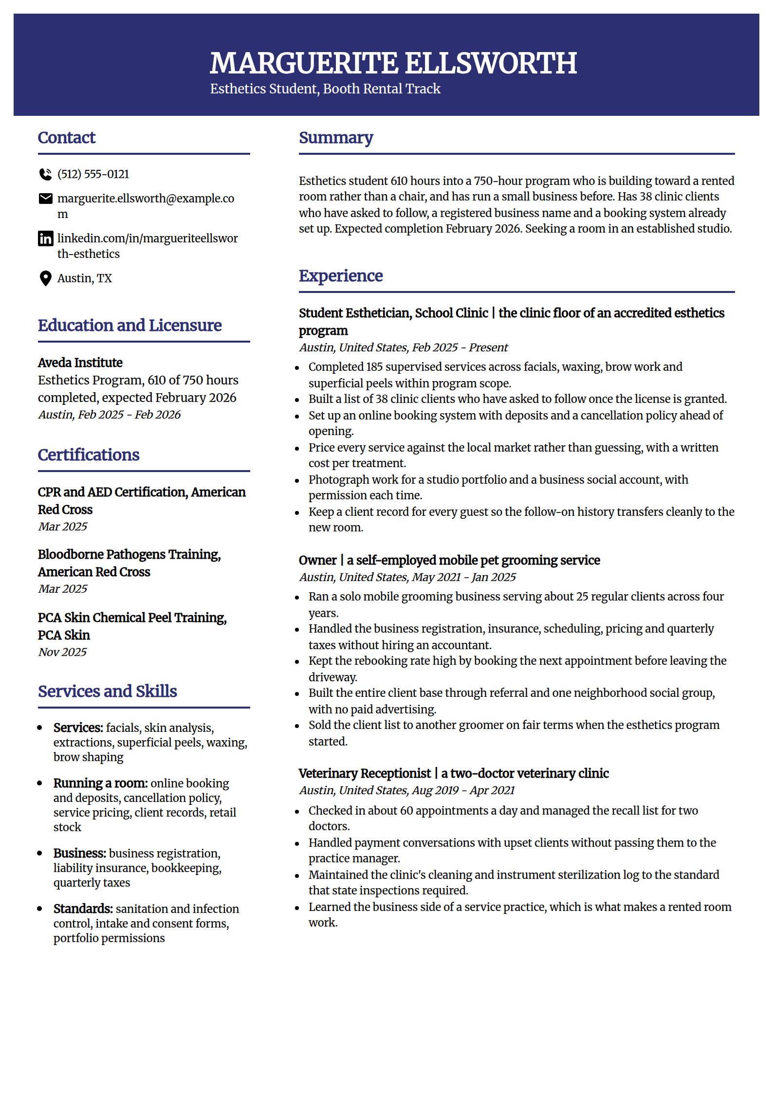 Esthetics student planning a booth rental start resume example in the Visionary template