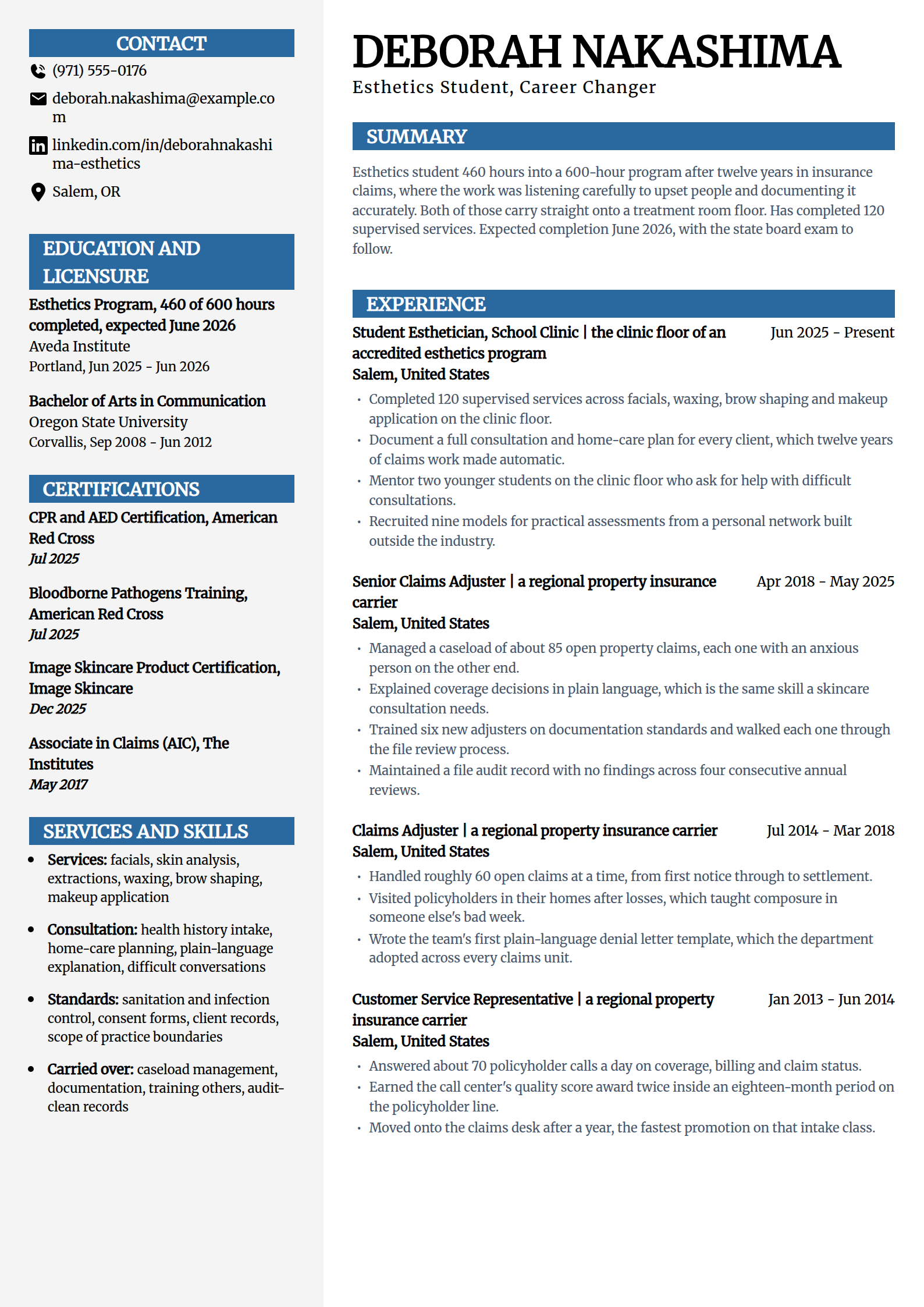 Career changer studying esthetics resume example in the Mosaic template
