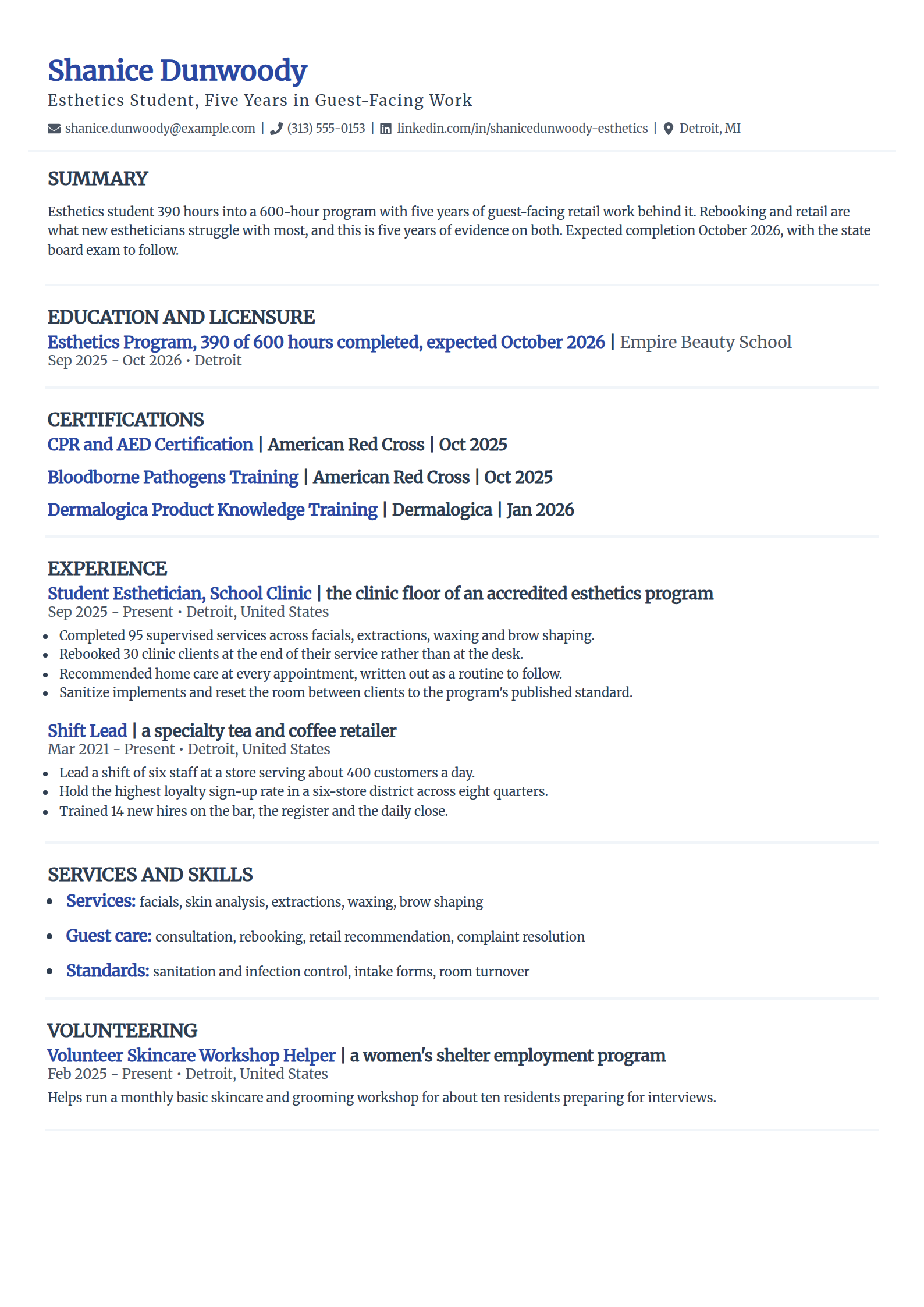 Esthetics student with a customer service background resume example in the Elegant template