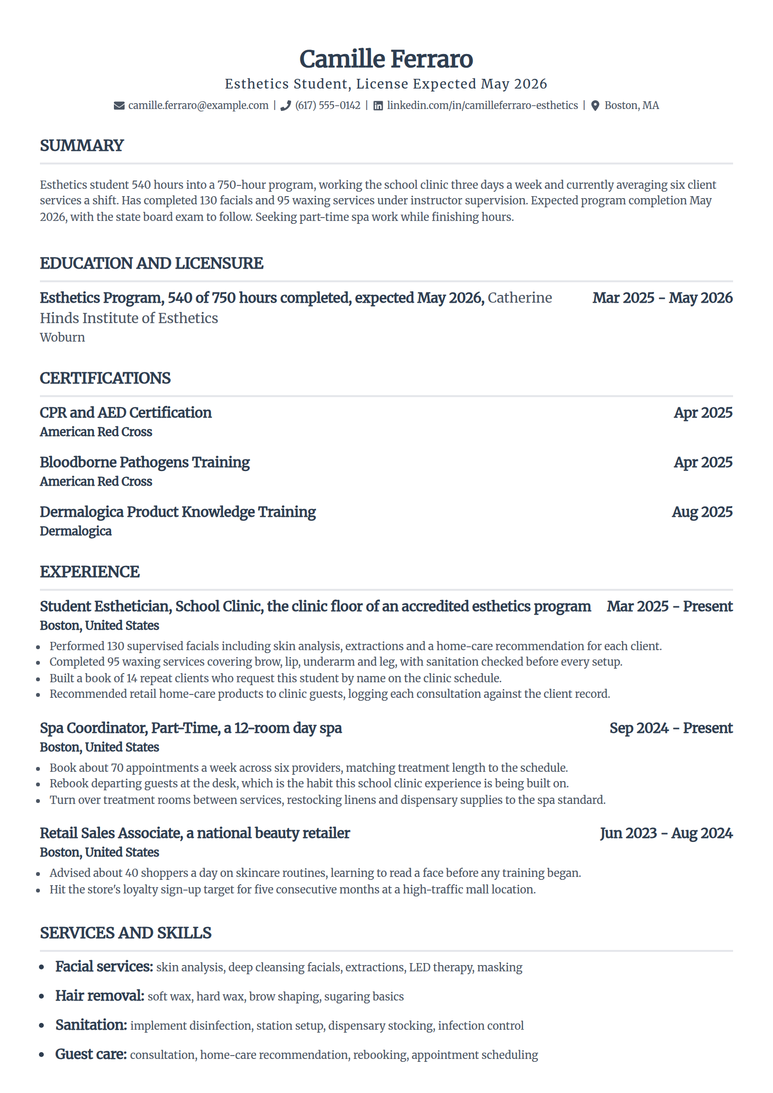 Currently enrolled esthetics student resume example in the Standard template