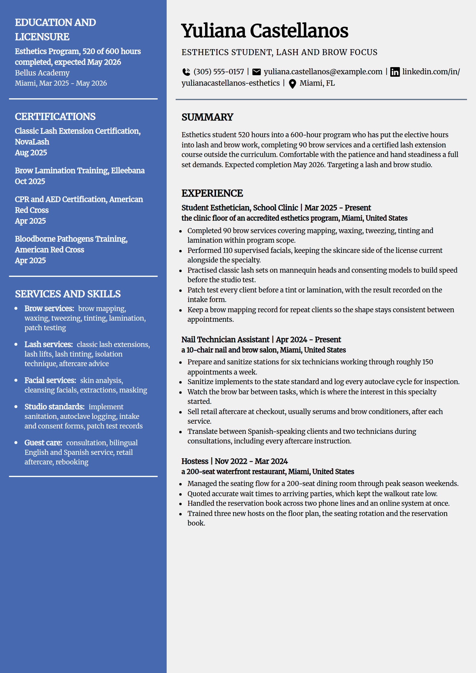 Esthetics student targeting a lash and brow studio resume example in the Innovative template