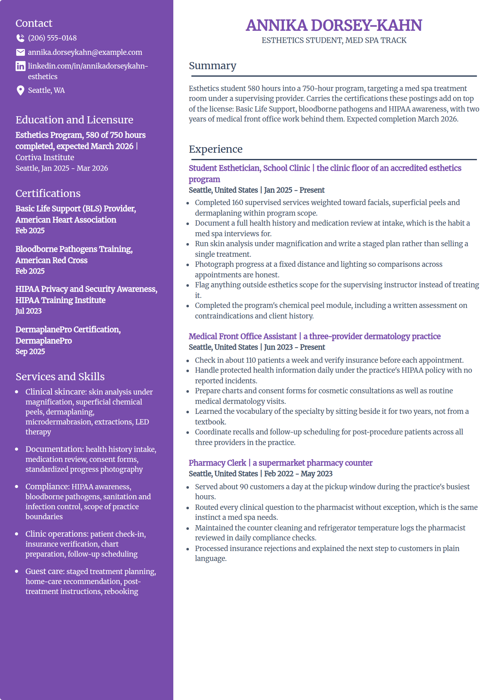 Esthetics student seeking a med spa placement resume example in the Pioneer template