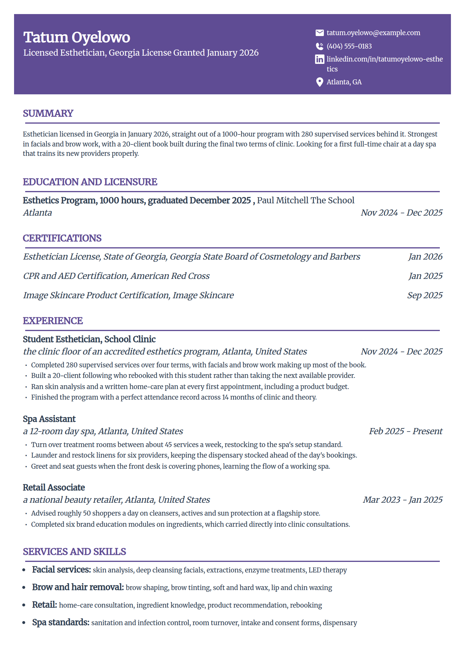 Newly licensed esthetician seeking a first chair resume example in the Panorama template
