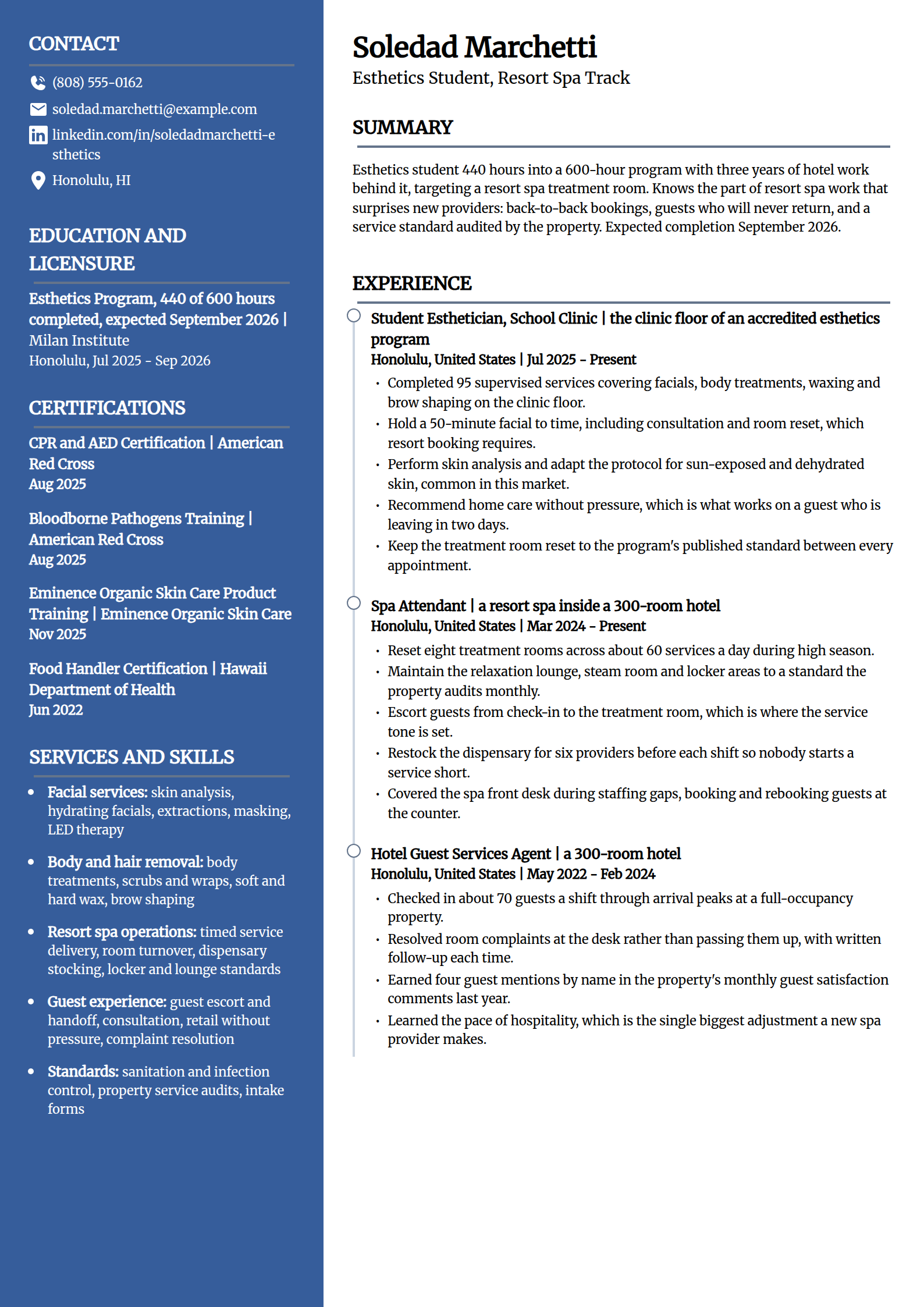 Esthetics student targeting a resort or hotel spa resume example in the Creative template