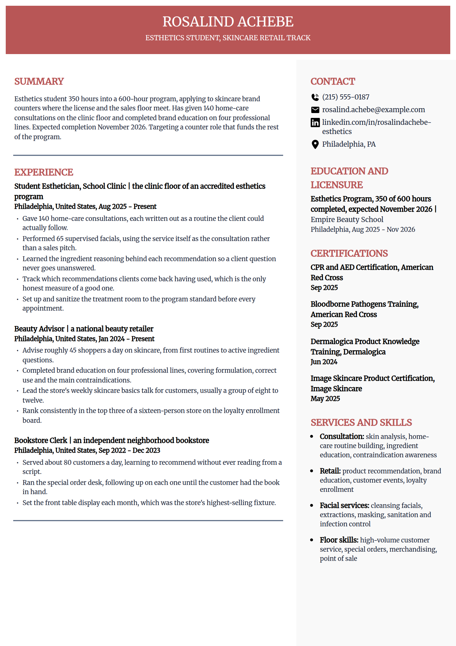 Esthetics student targeting a skincare retail counter resume example in the Executive template