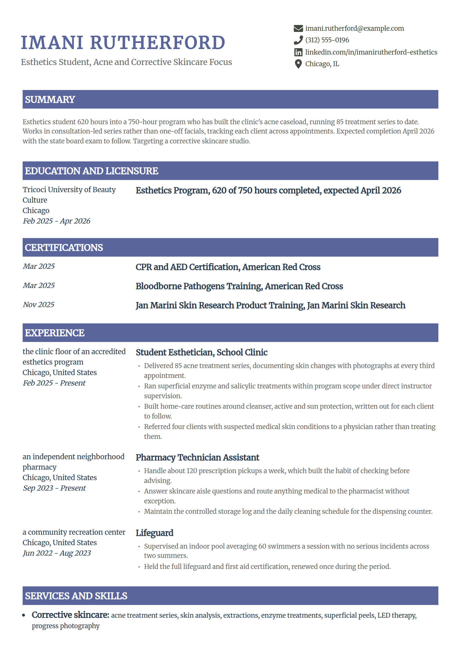 Esthetics student with an acne and corrective skincare focus resume example in the Catalyst template