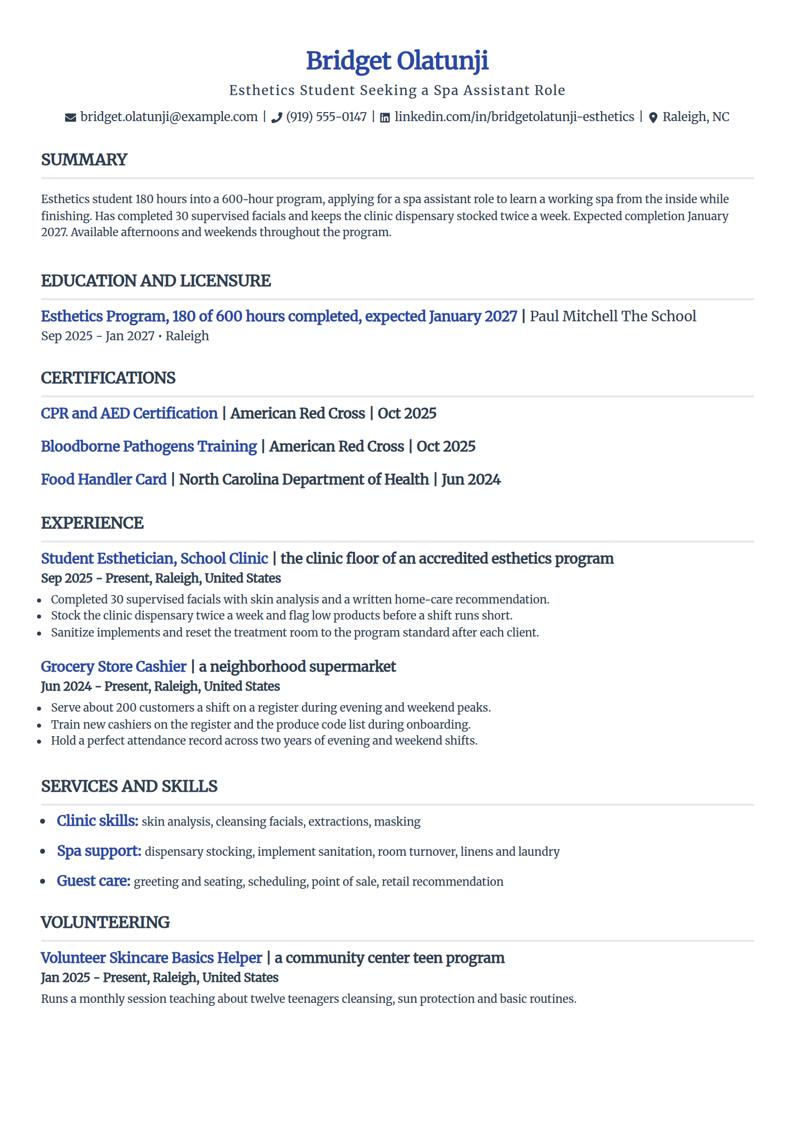 Esthetics student applying for a spa assistant role resume example in the Simple template