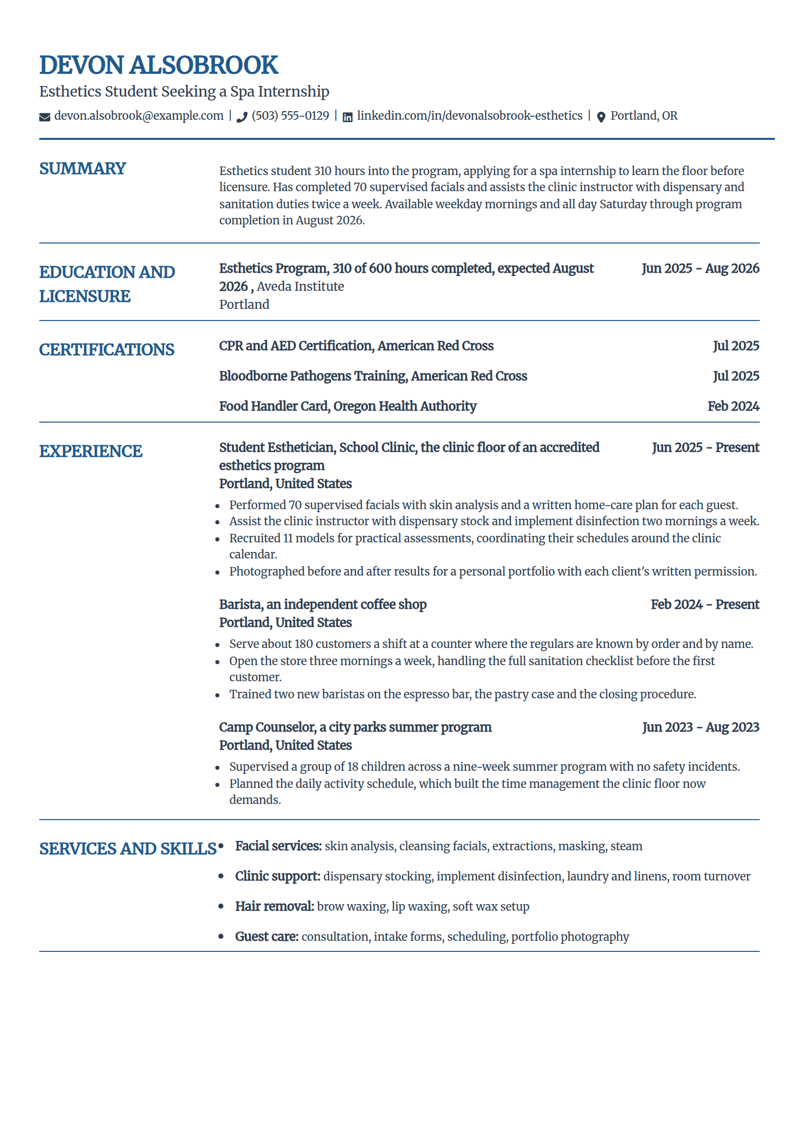 Esthetician student seeking a spa internship resume example in the Craft template