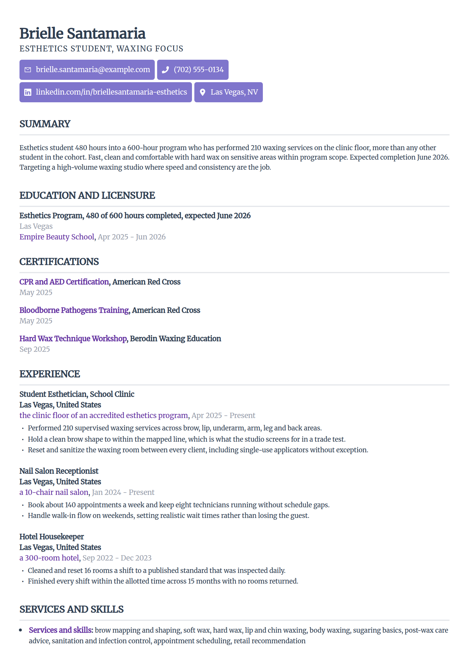 Esthetics student with a waxing specialty focus resume example in the Sleek Framework template