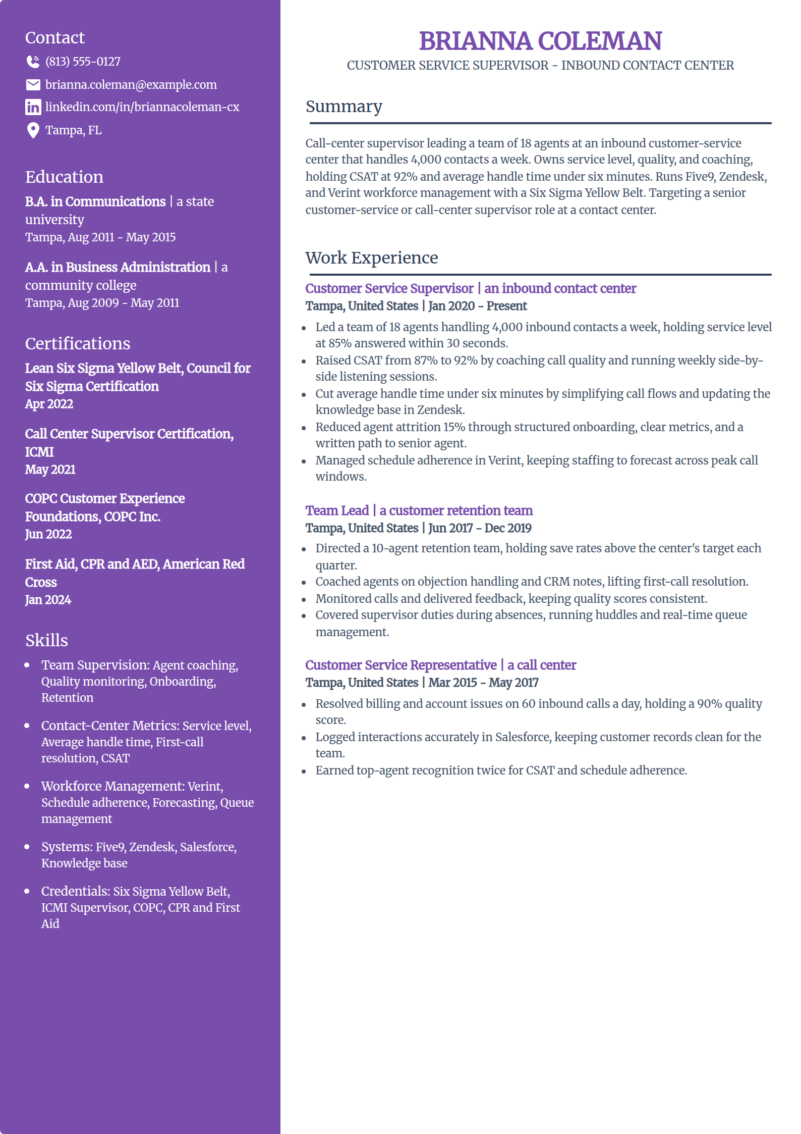 Call-Center Customer-Service Supervisor resume example in the Pioneer template