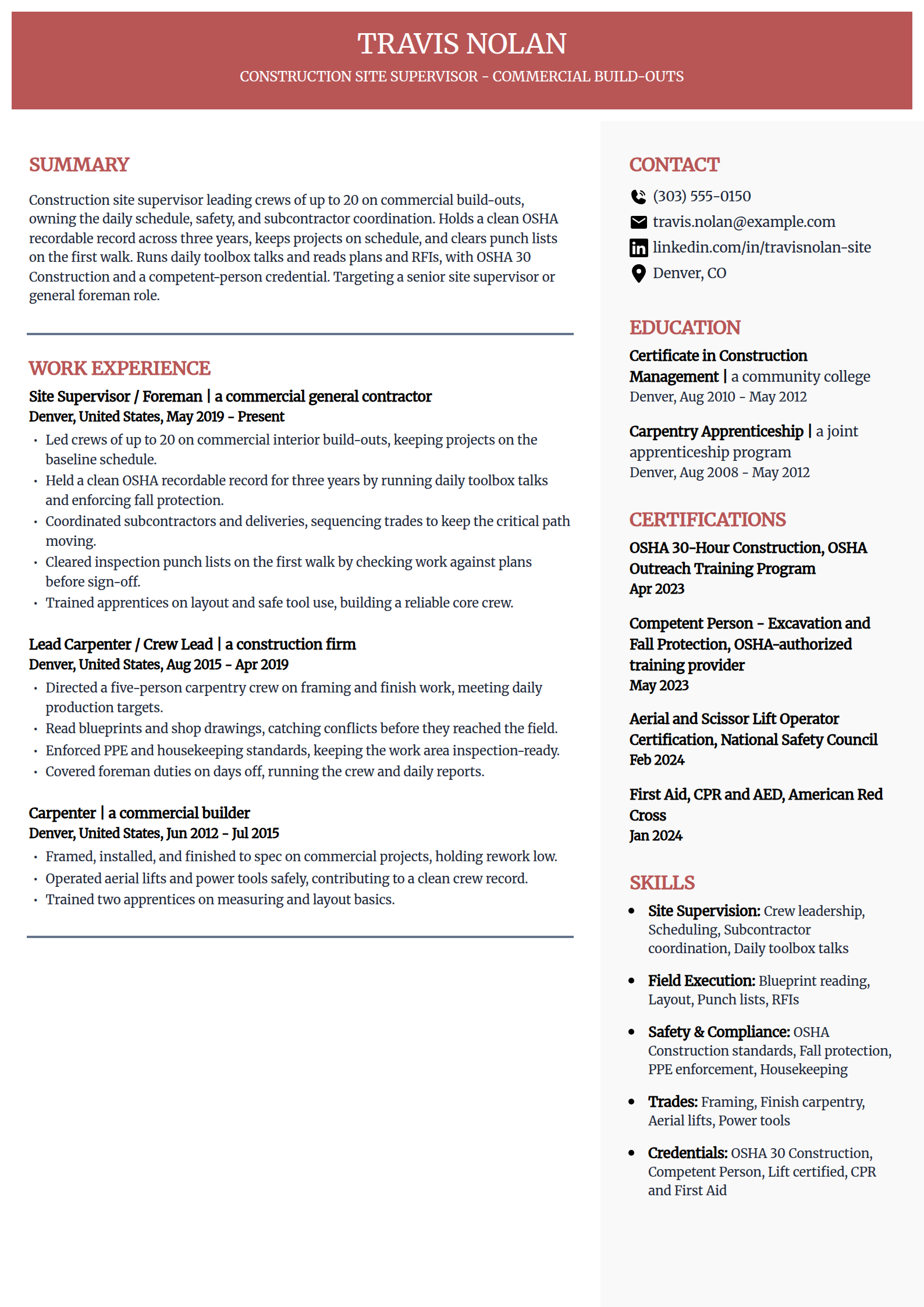 Construction Site Supervisor resume example in the Executive template