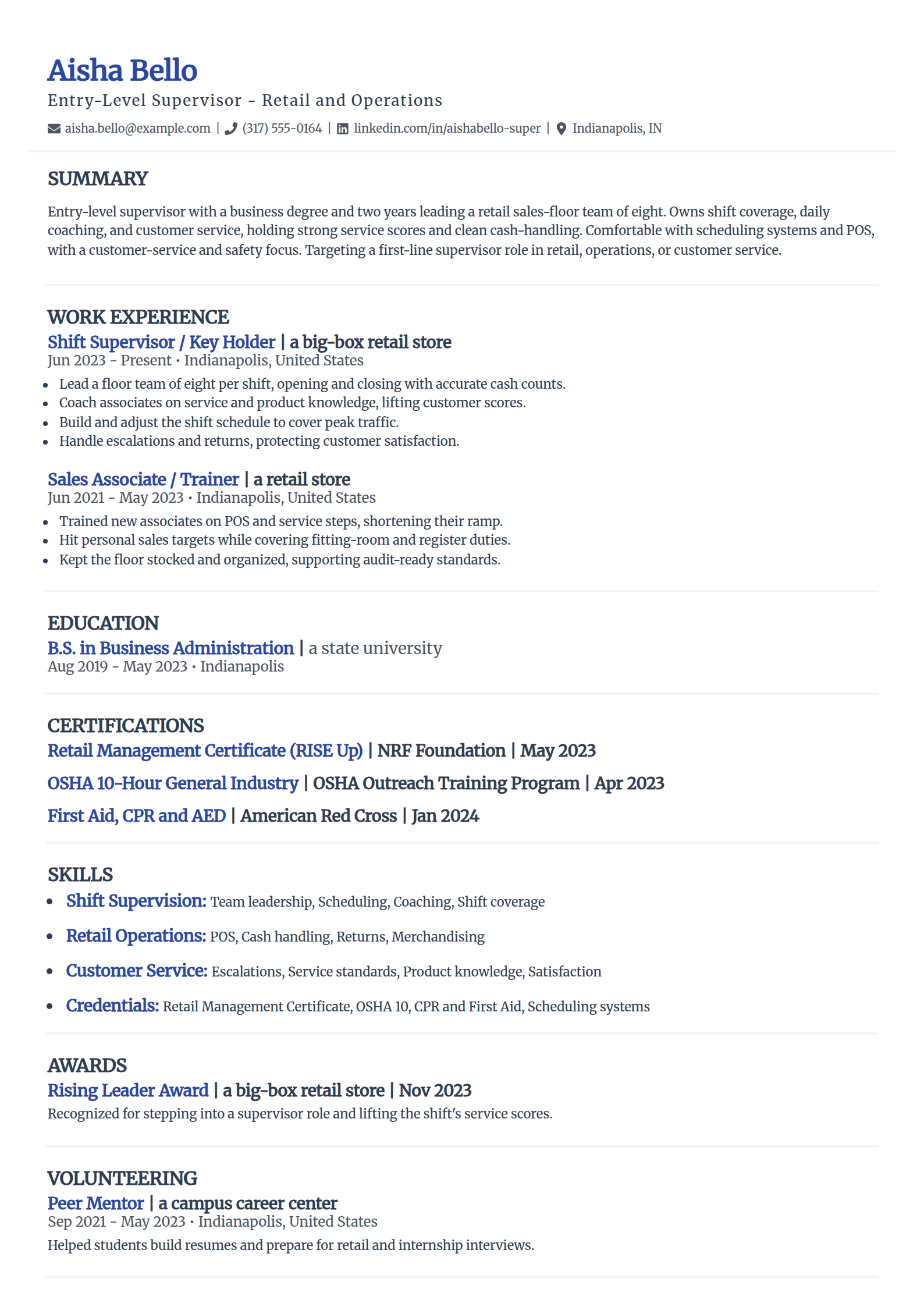 Entry-Level Supervisor resume example in the Elegant template