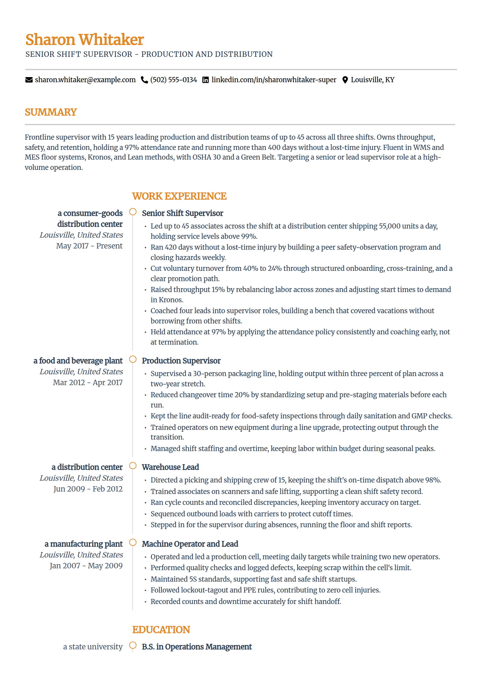 Experienced Supervisor resume example in the Zenith template