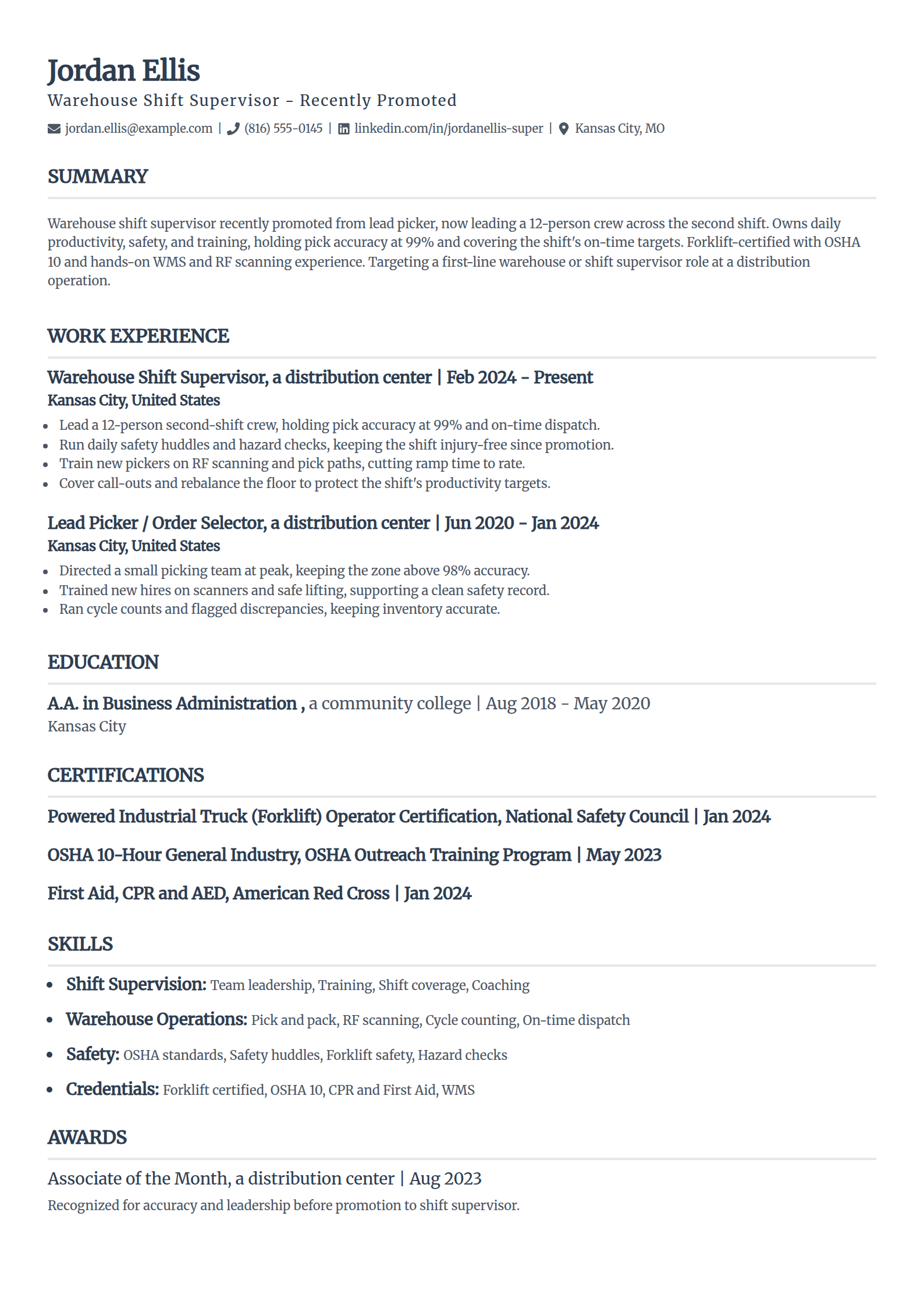 First-Time Supervisor resume example in the Classic template