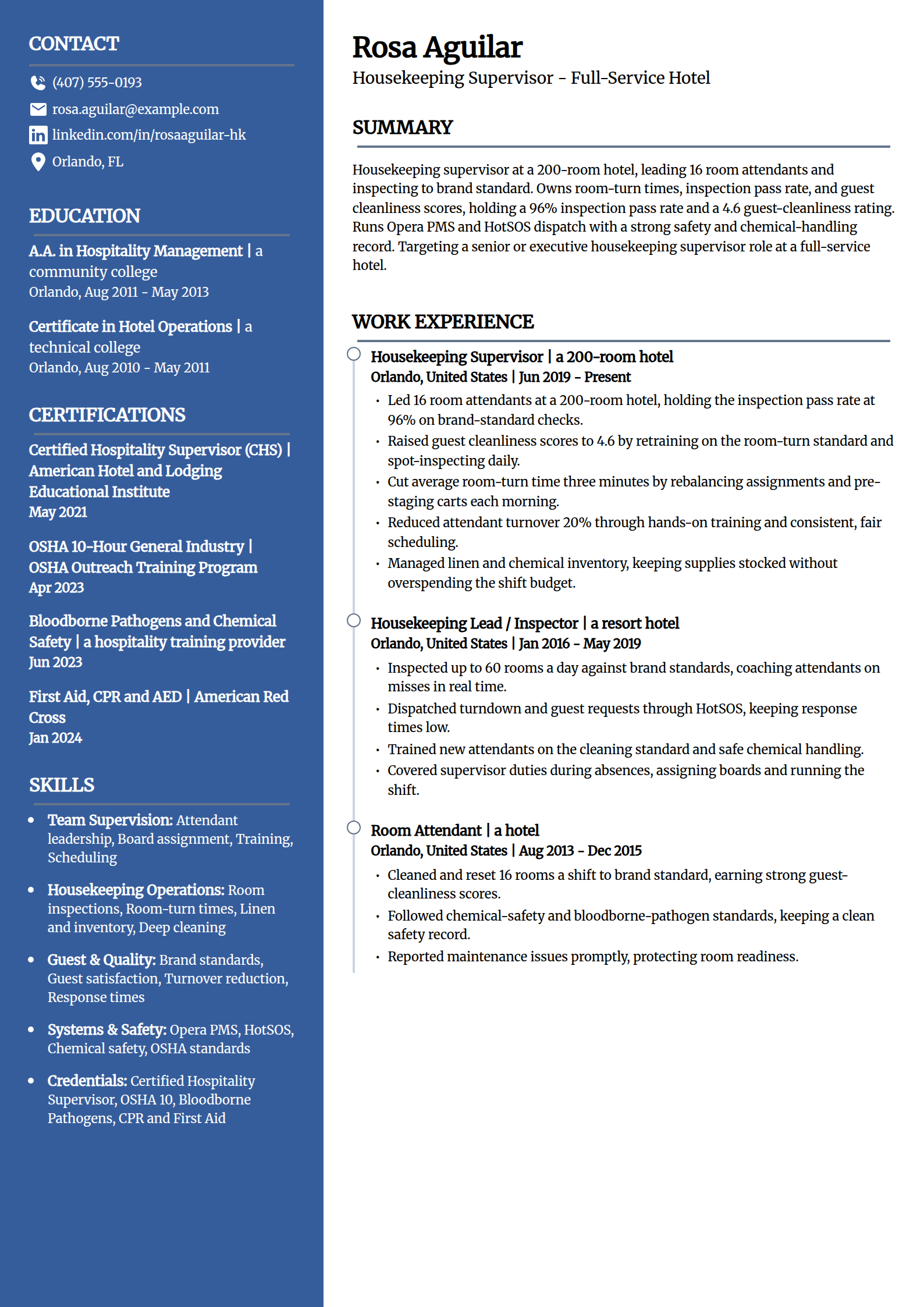 Housekeeping Supervisor resume example in the Creative template