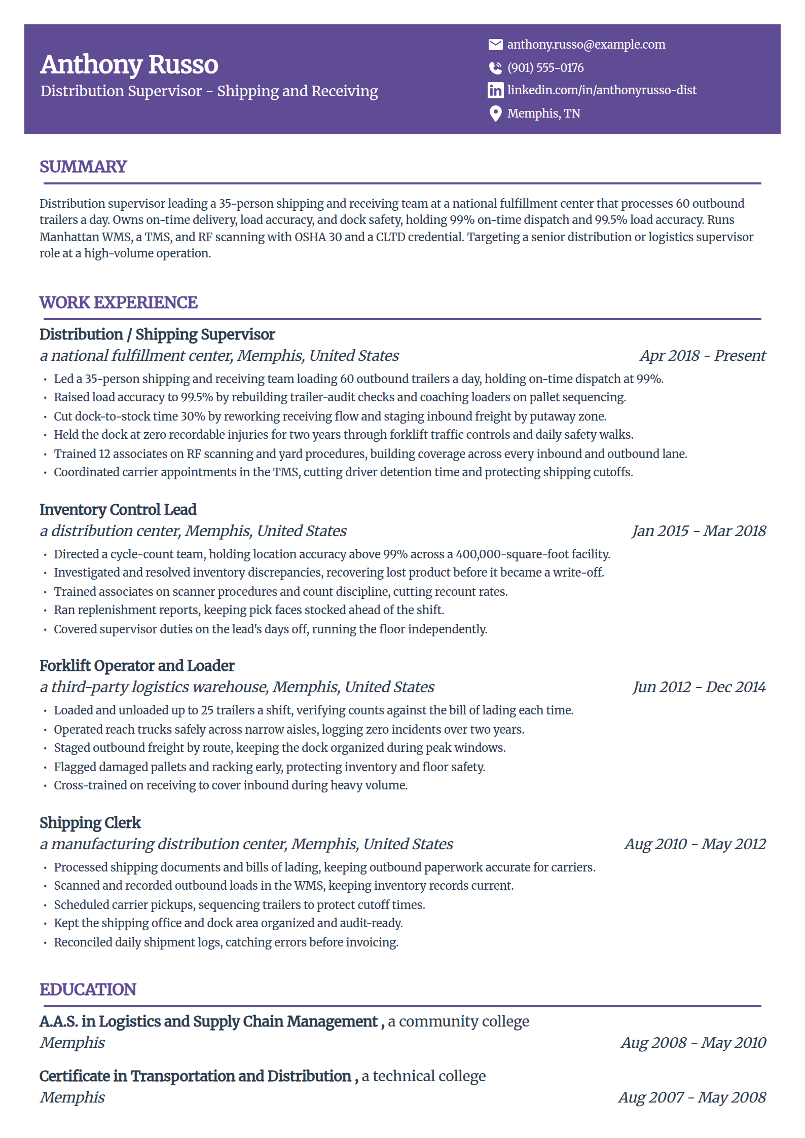 Logistics Distribution Supervisor resume example in the Panorama template