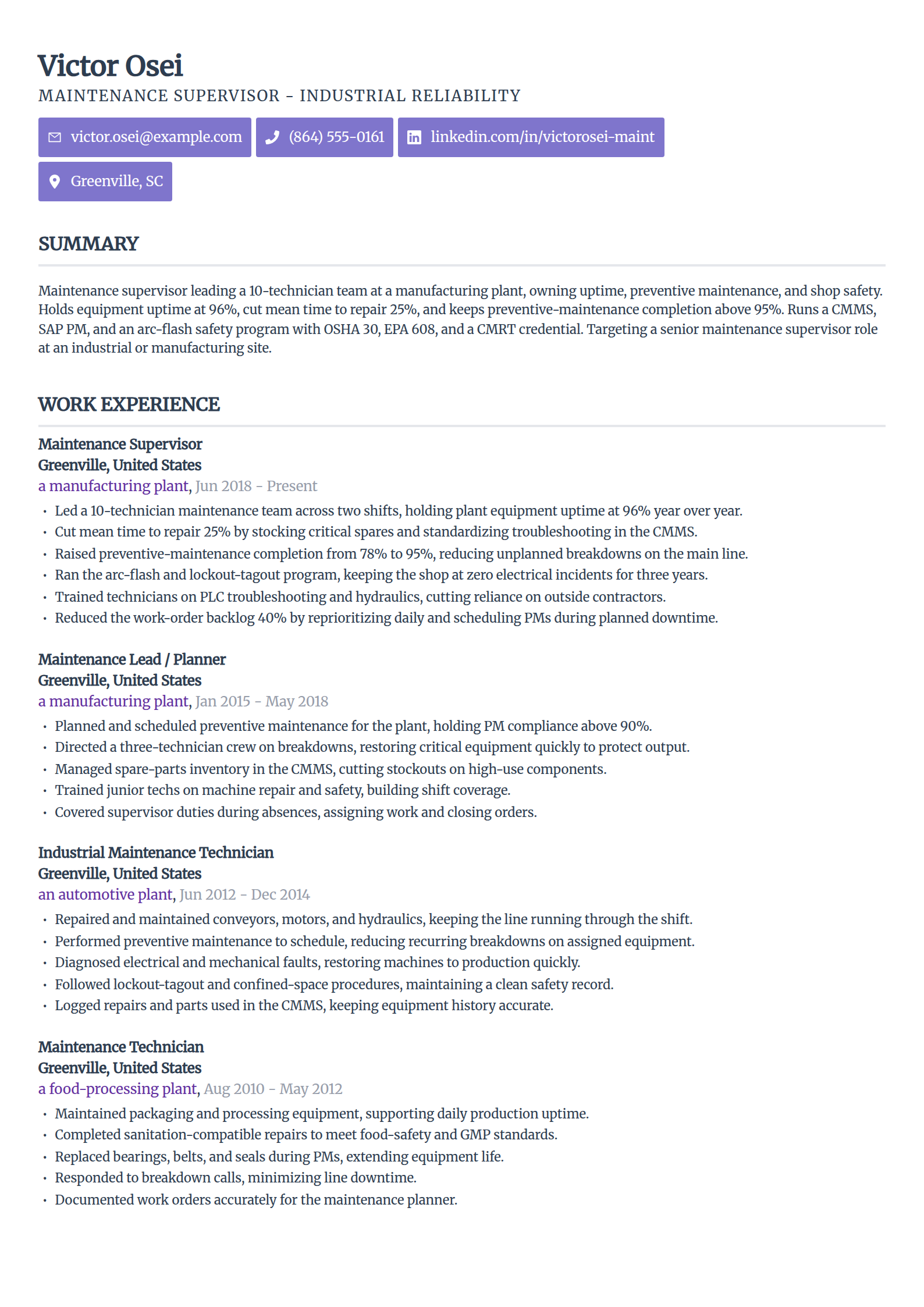 Maintenance Supervisor resume example in the Sleek Framework template