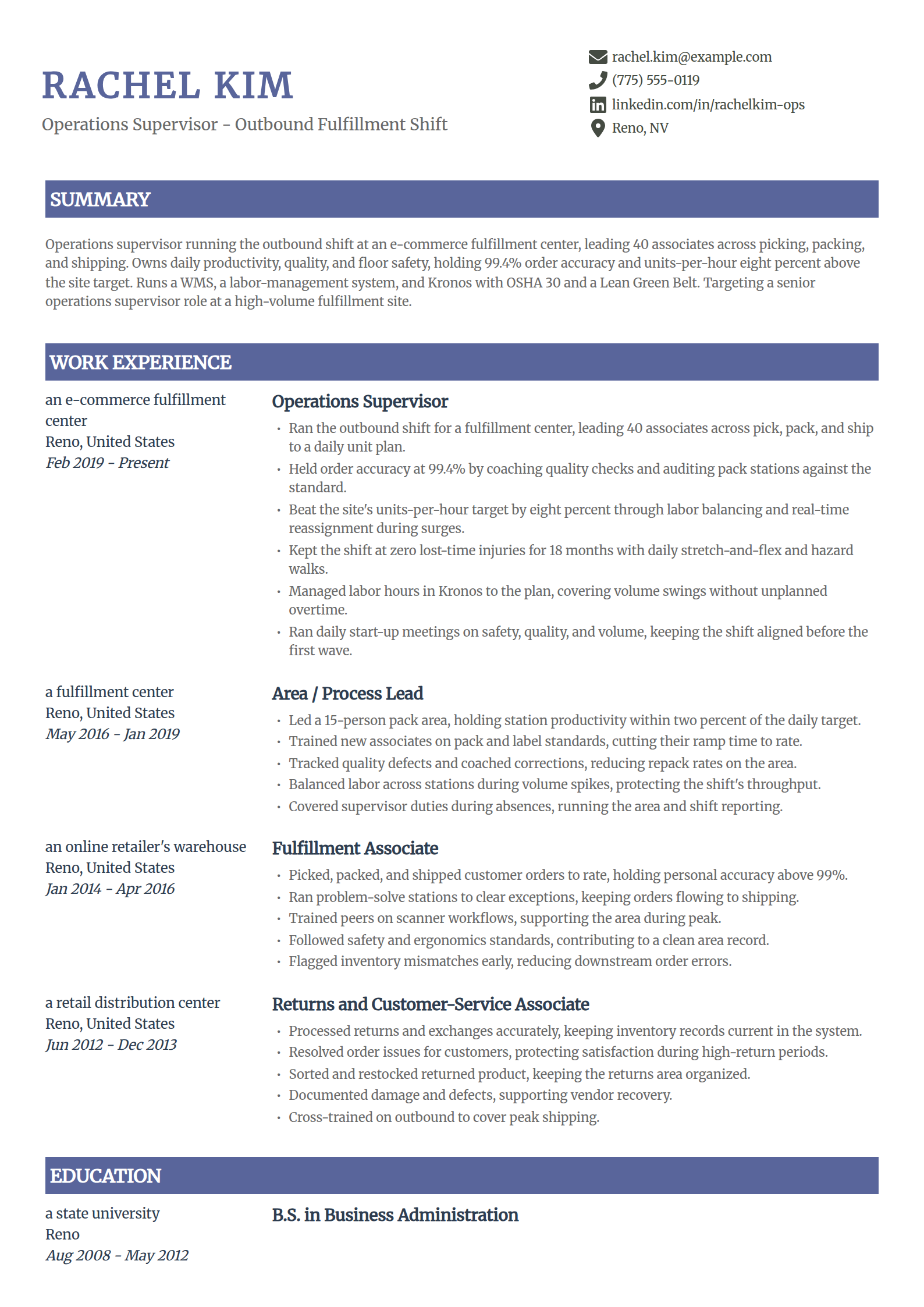 Operations Supervisor resume example in the Catalyst template
