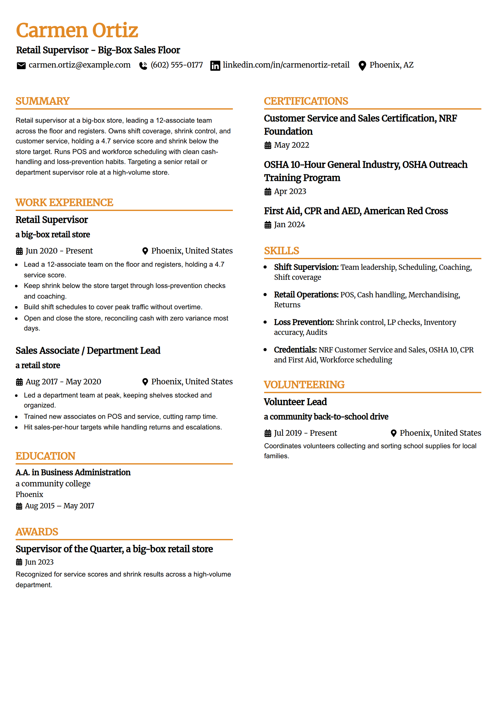 Retail Supervisor resume example in the Professional Edge template