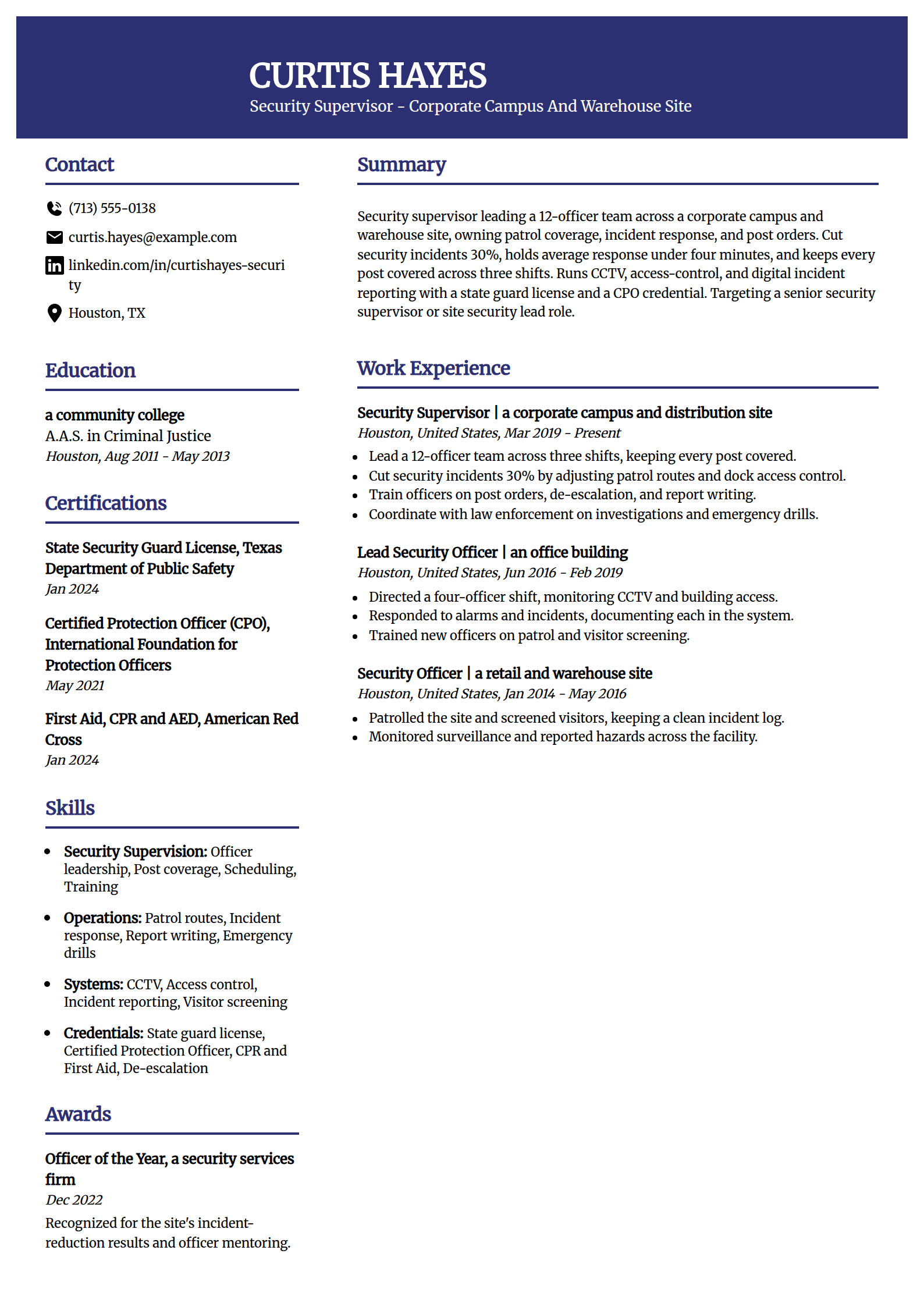 Security Supervisor resume example in the Visionary template