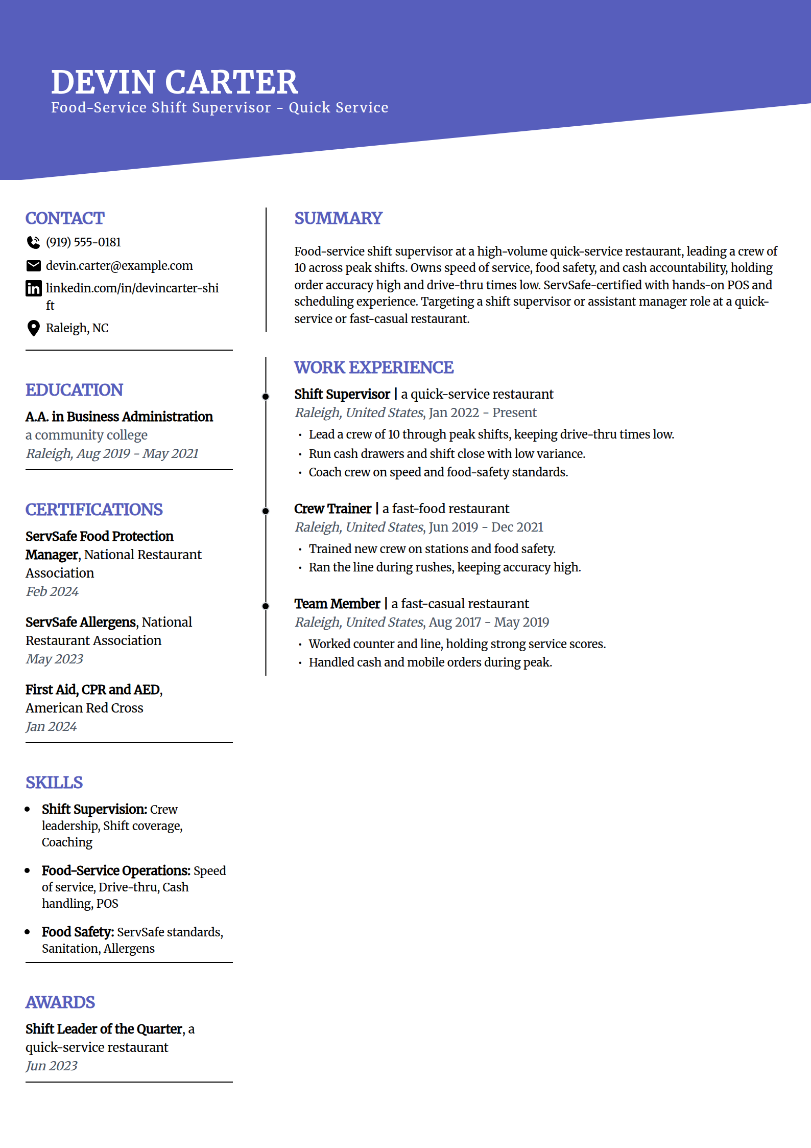 Food-Service Shift Supervisor resume example in the Orbit template