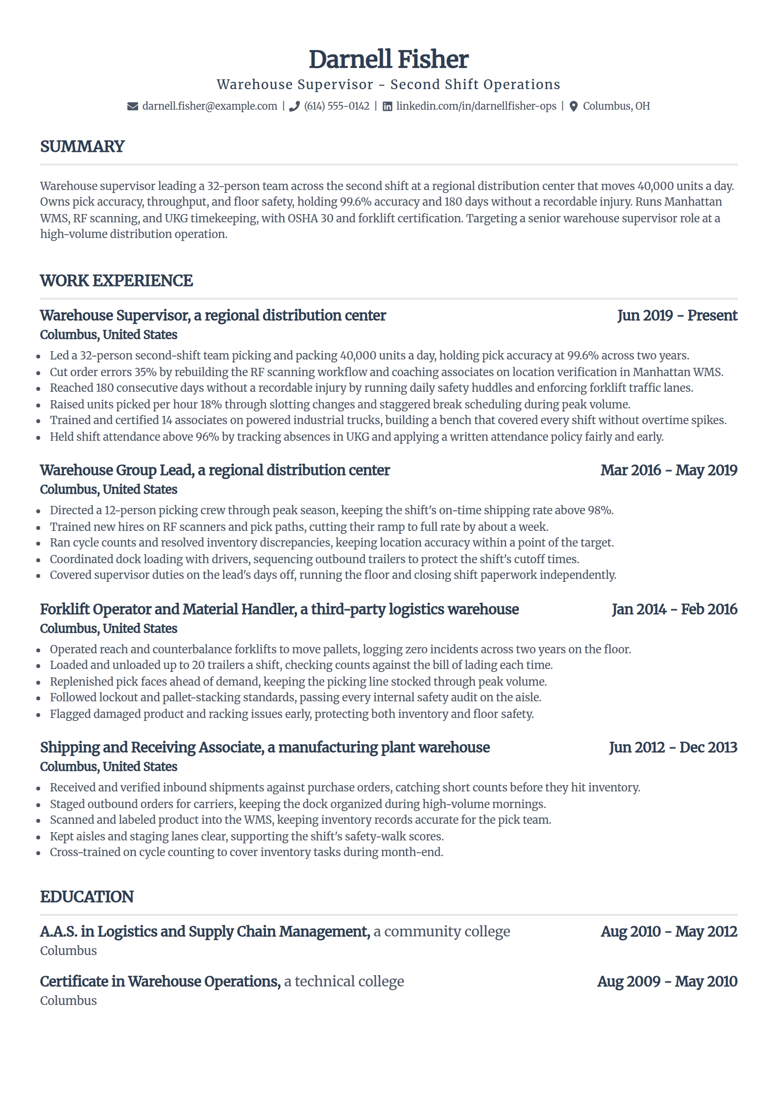 Warehouse Supervisor resume example in the Standard template